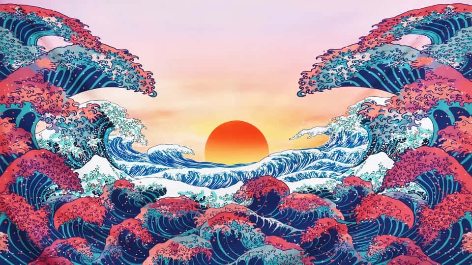 The Great Wave, red, blue, SD Desktop Wallpaper