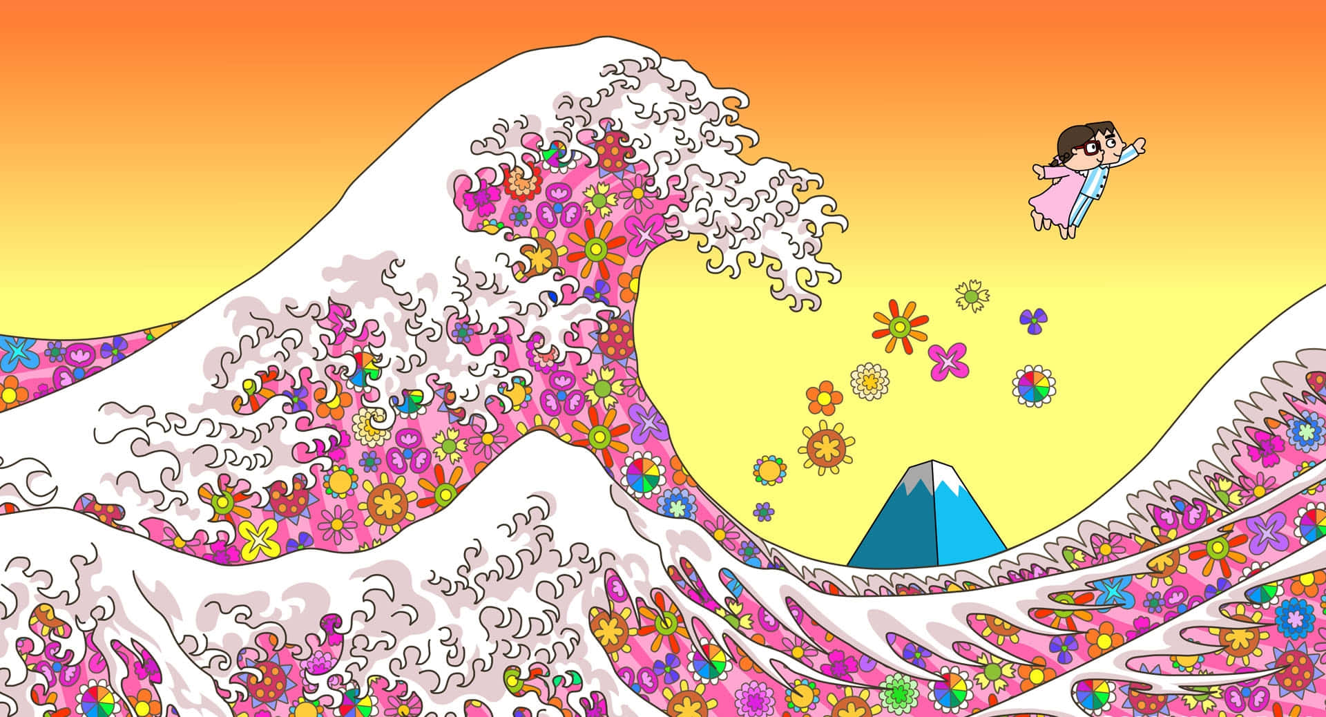 The Great Wave, cartoon girl, giant wave, Full HD Desktop Wallpaper