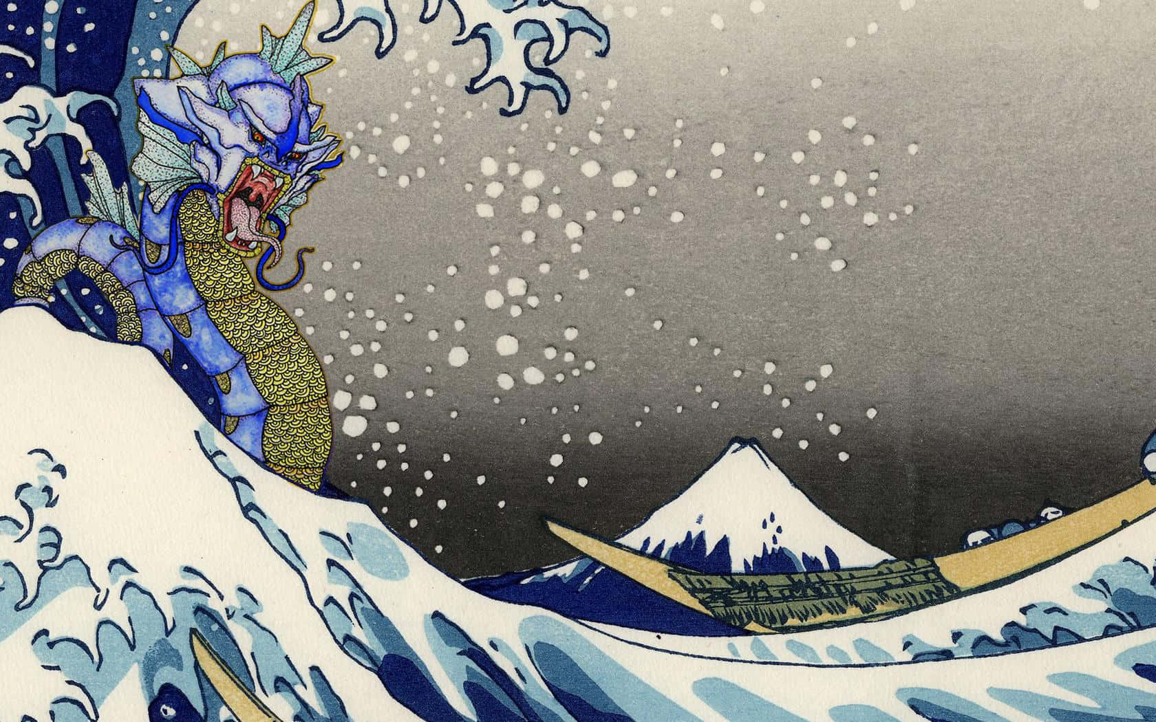 The Great Wave, blue dragon, crashing waves, HD Desktop Wallpaper