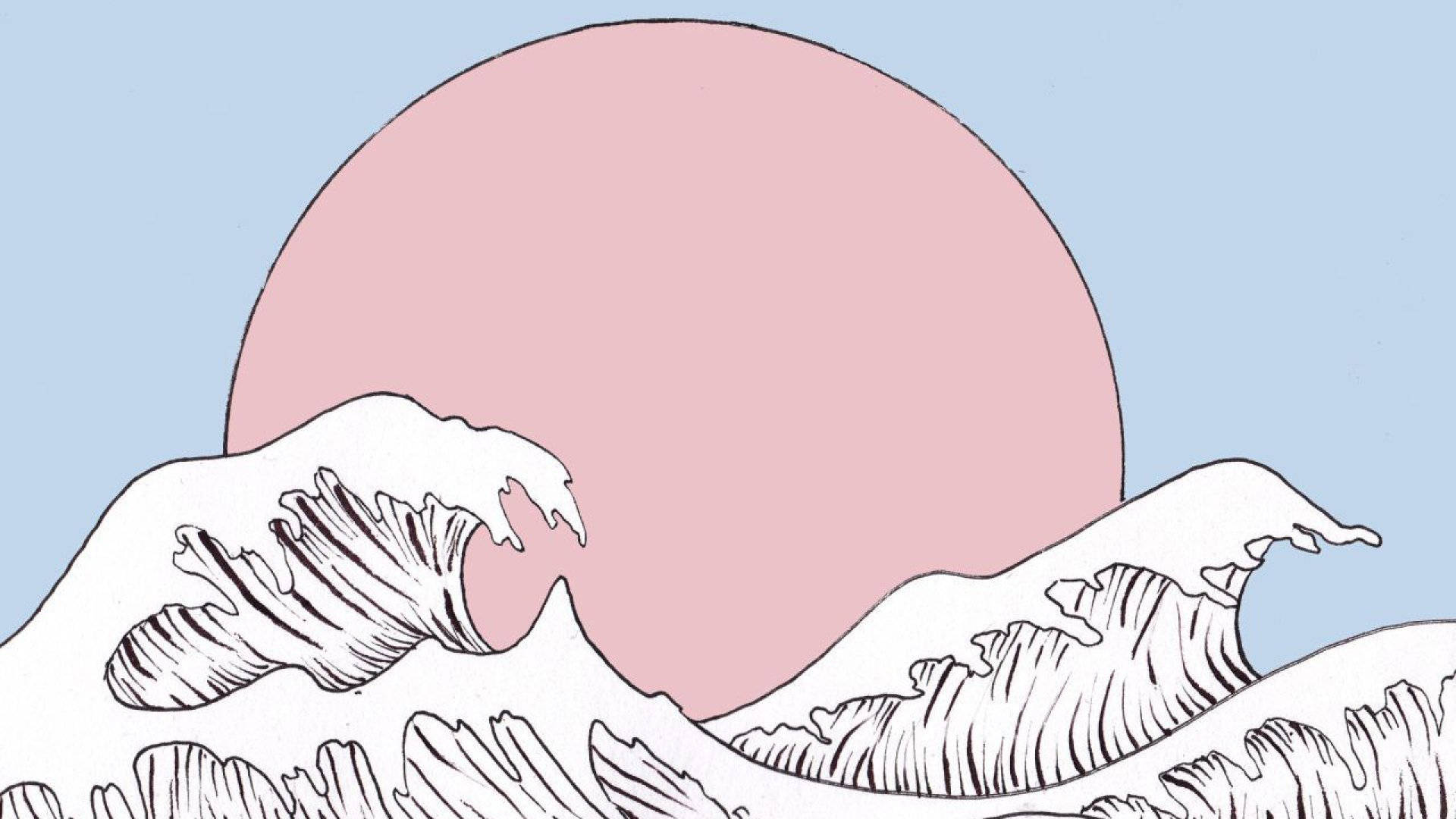 Great Wave, pastel aesthetic, pink sun, Full HD Desktop Wallpaper