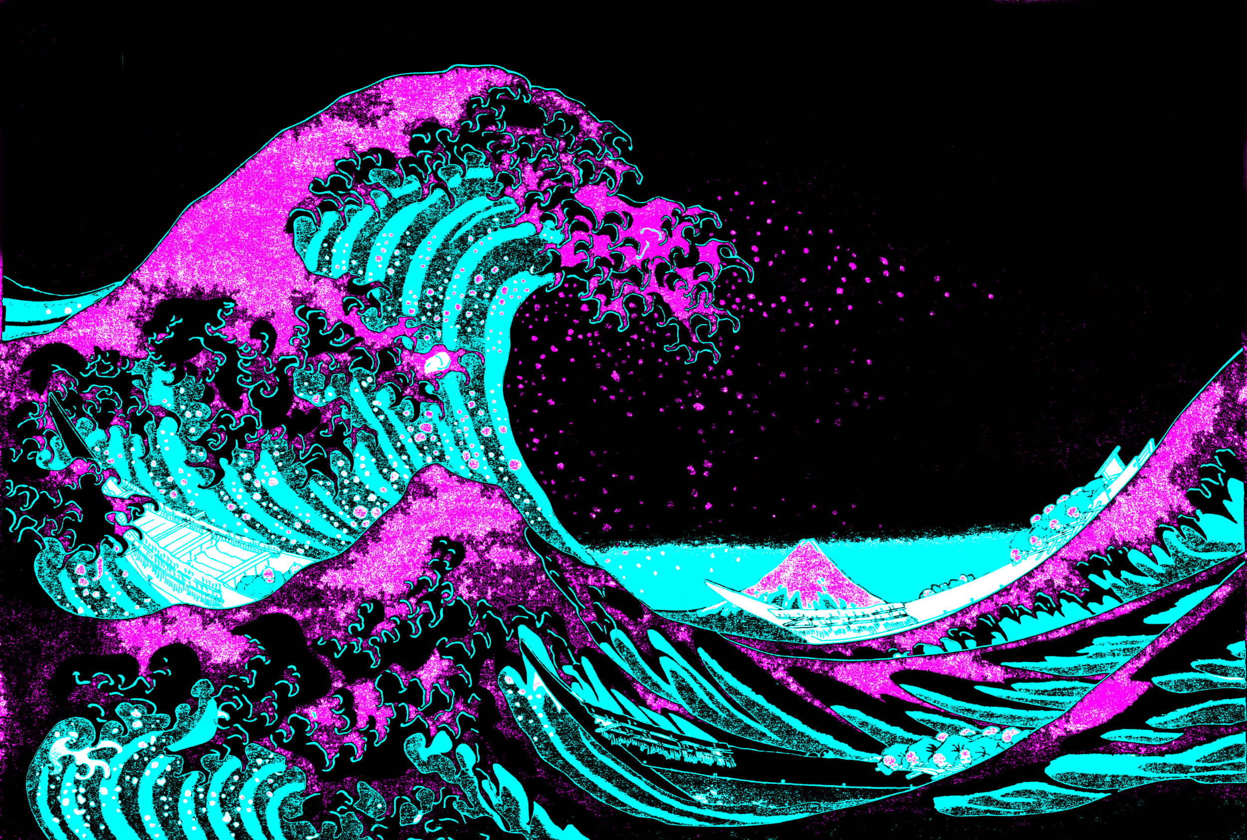 The Great Wave, neon pink, cyan, Full HD Desktop Wallpaper