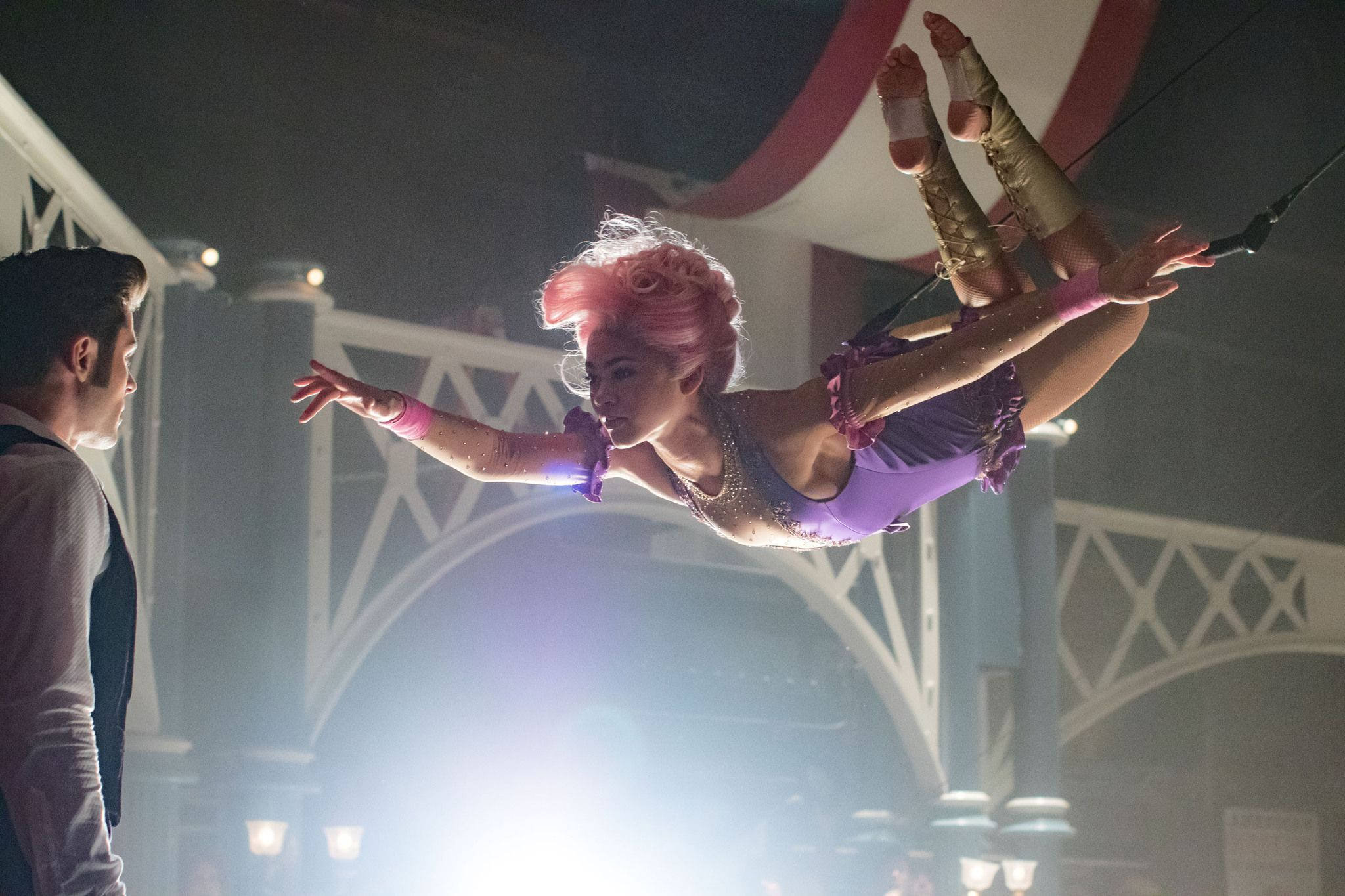 The Greatest Showman, pink-haired aerialist, purple costume, Full HD Desktop Wallpaper