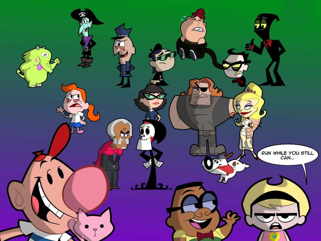 The Grim Adventures of Billy and Mandy, gradient green to purple background, cartoon collage, SD Desktop Wallpaper