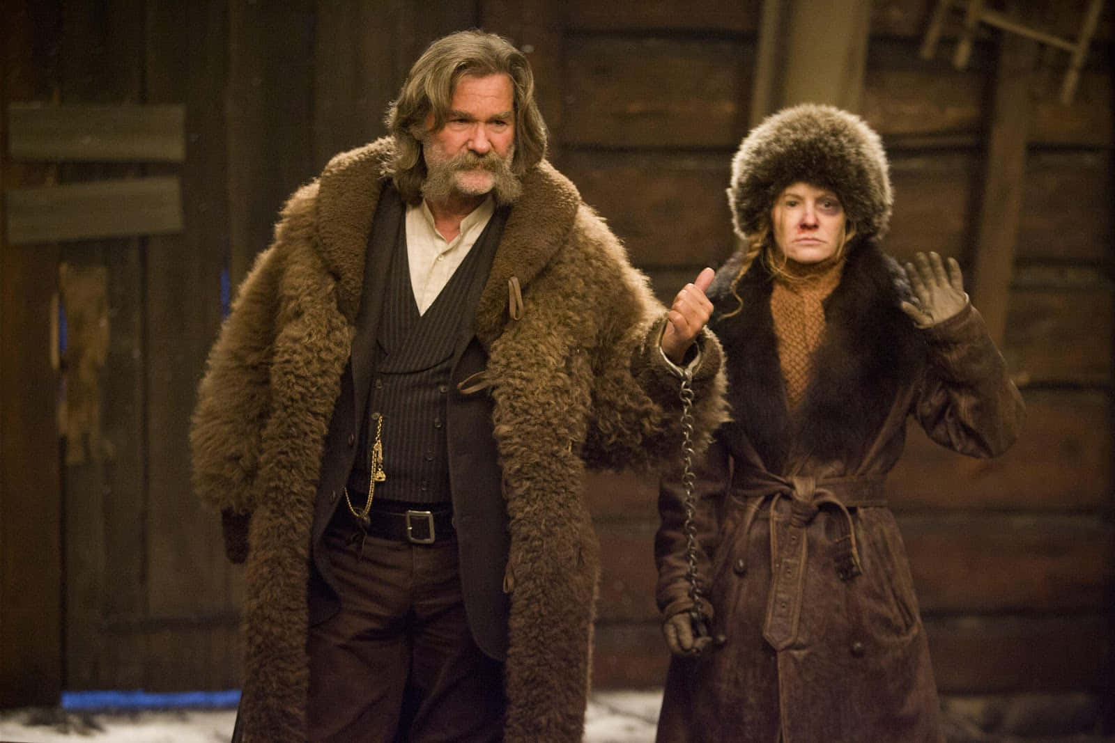 Hateful Eight, cold wilderness scene, snowy wooden cabin doorway, HD Desktop Wallpaper