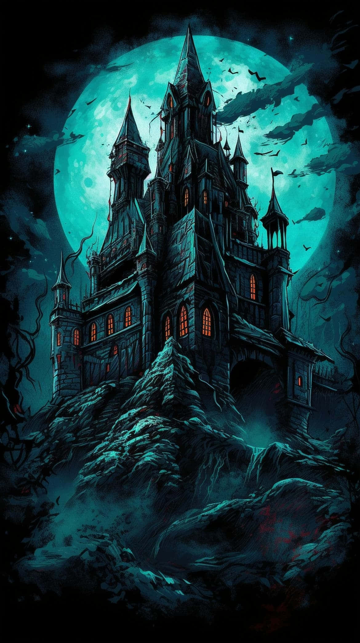 haunted mansion, full moon, gothic castle, Full HD Phone Wallpaper