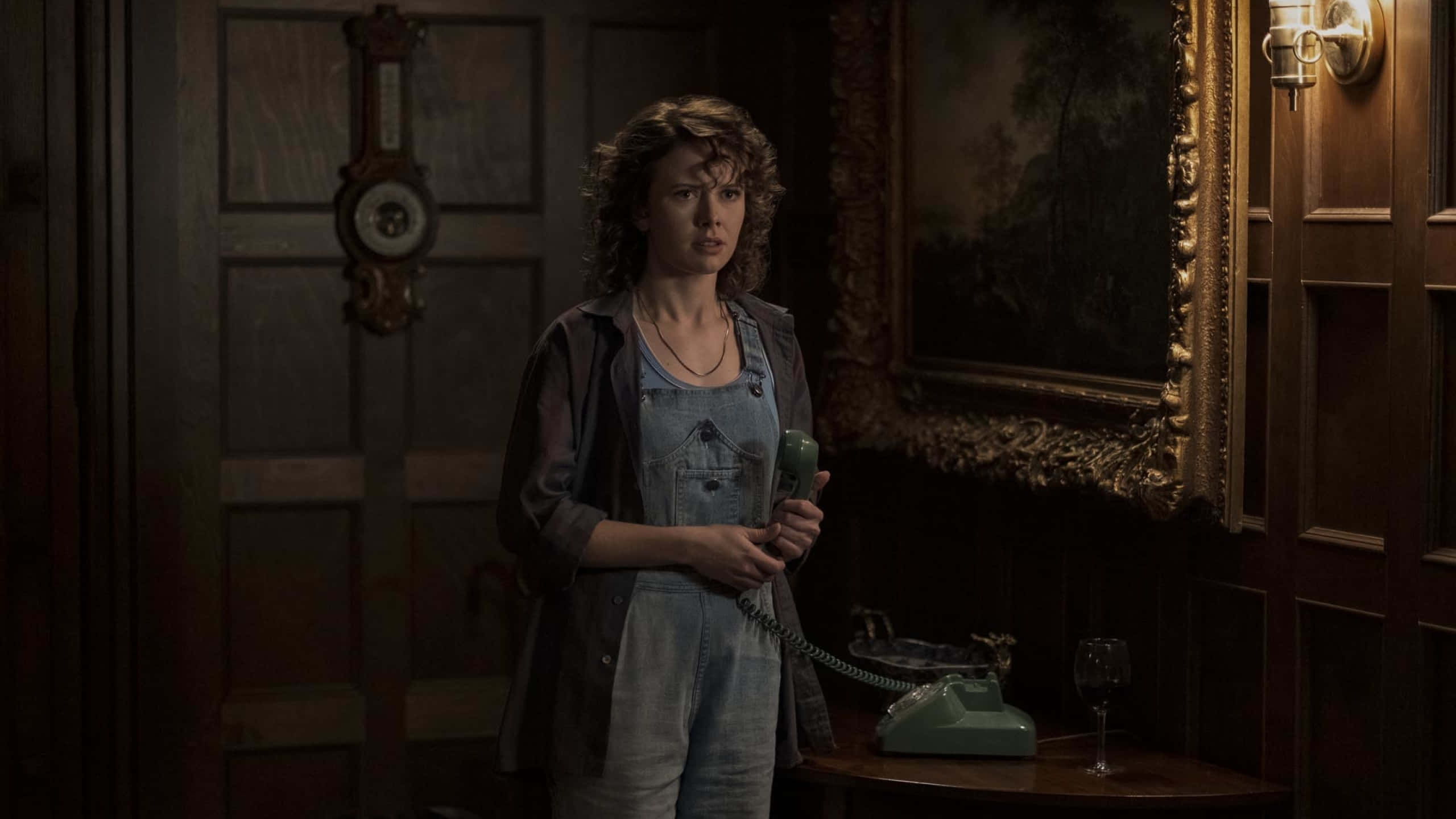 Bly Manor, denim overalls, vintage green phone, 2K Desktop Wallpaper