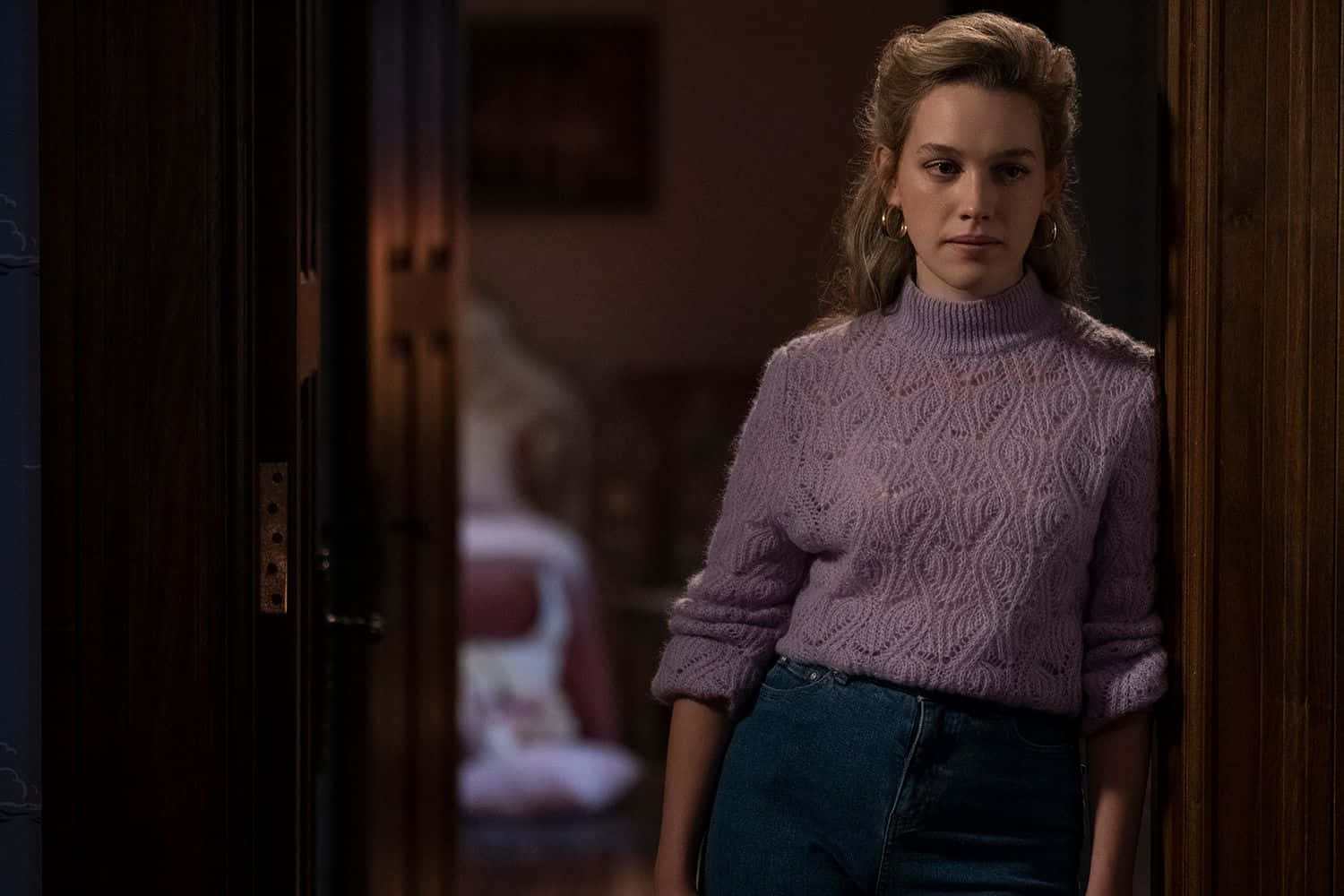 The Haunting of Bly Manor, lavender knit sweater, dimly lit doorway, HD Desktop Wallpaper