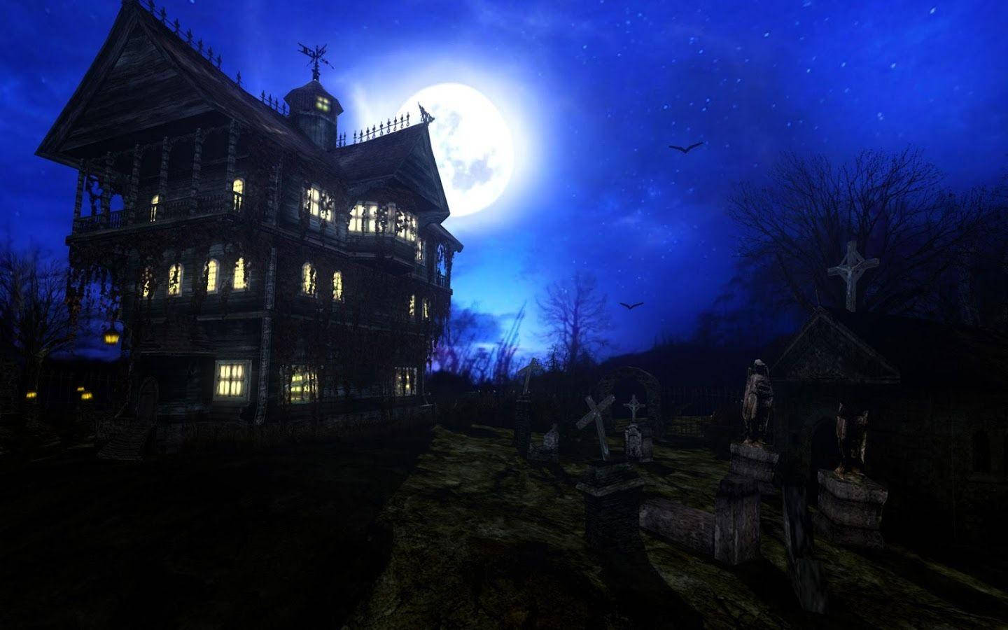 haunted mansion, glowing windows, full moon, HD Desktop Wallpaper