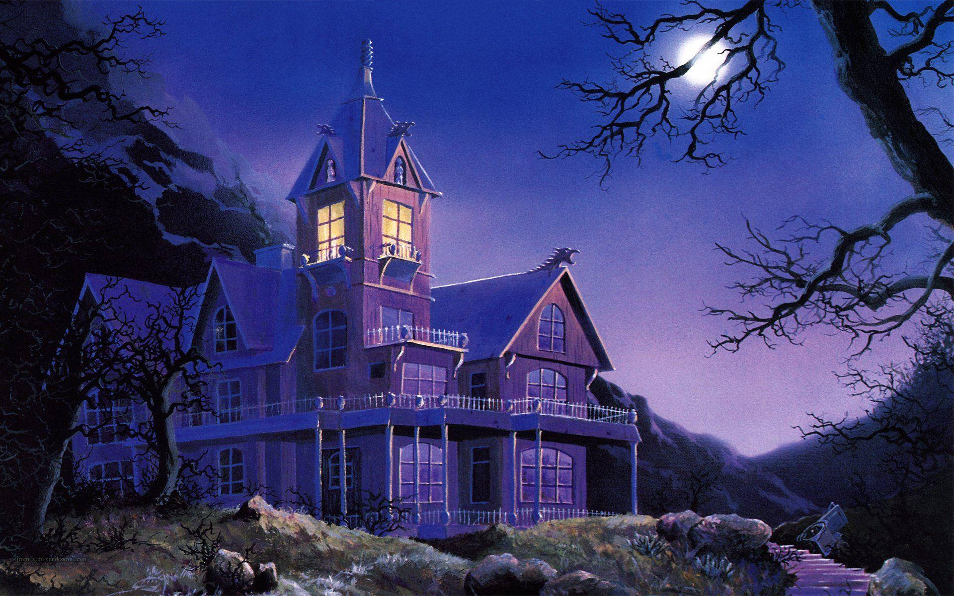 purple night sky, Victorian mansion, full moon, Full HD Desktop Wallpaper