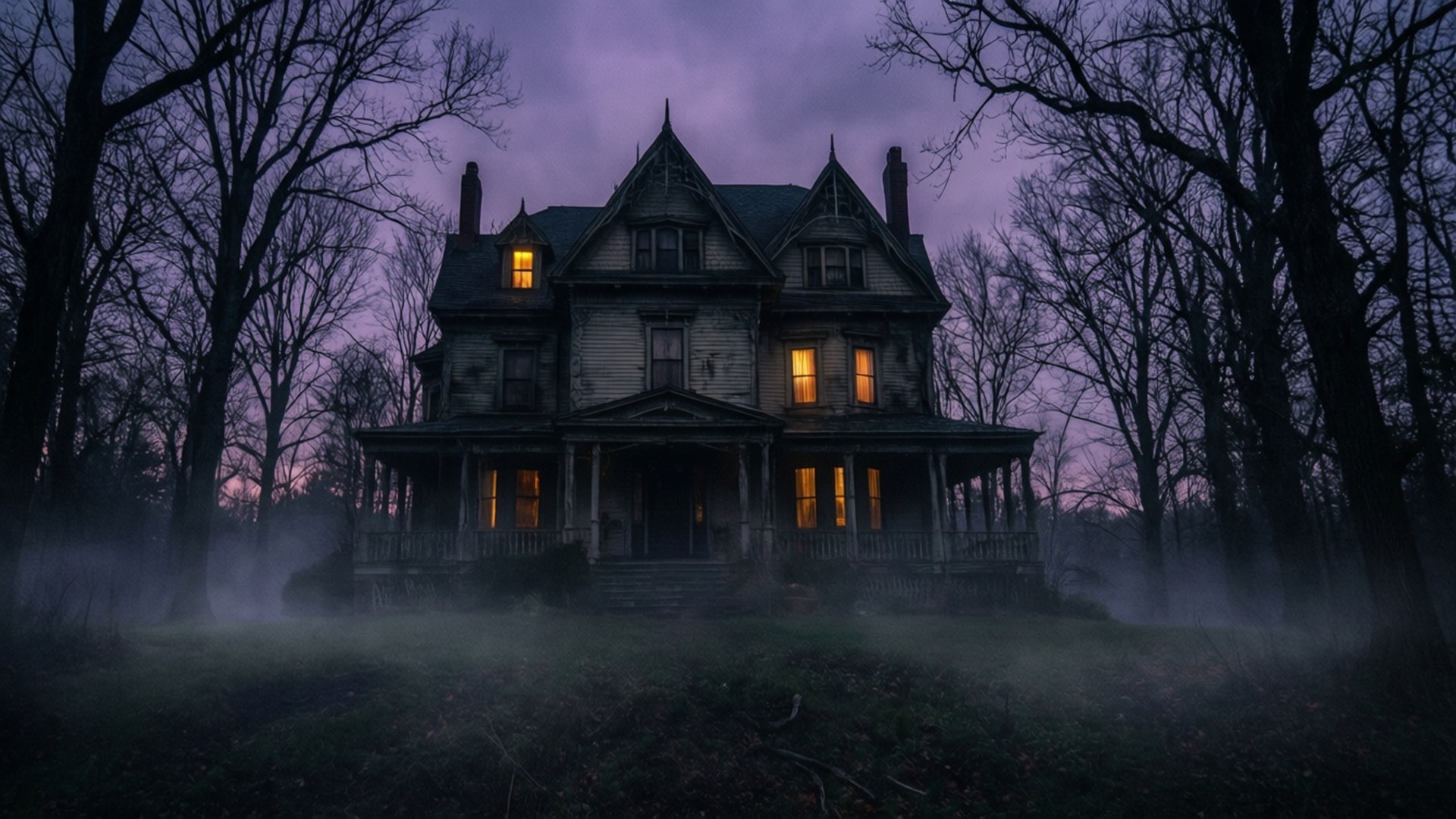 Hill House, Victorian house, misty forest, Full HD Desktop Wallpaper