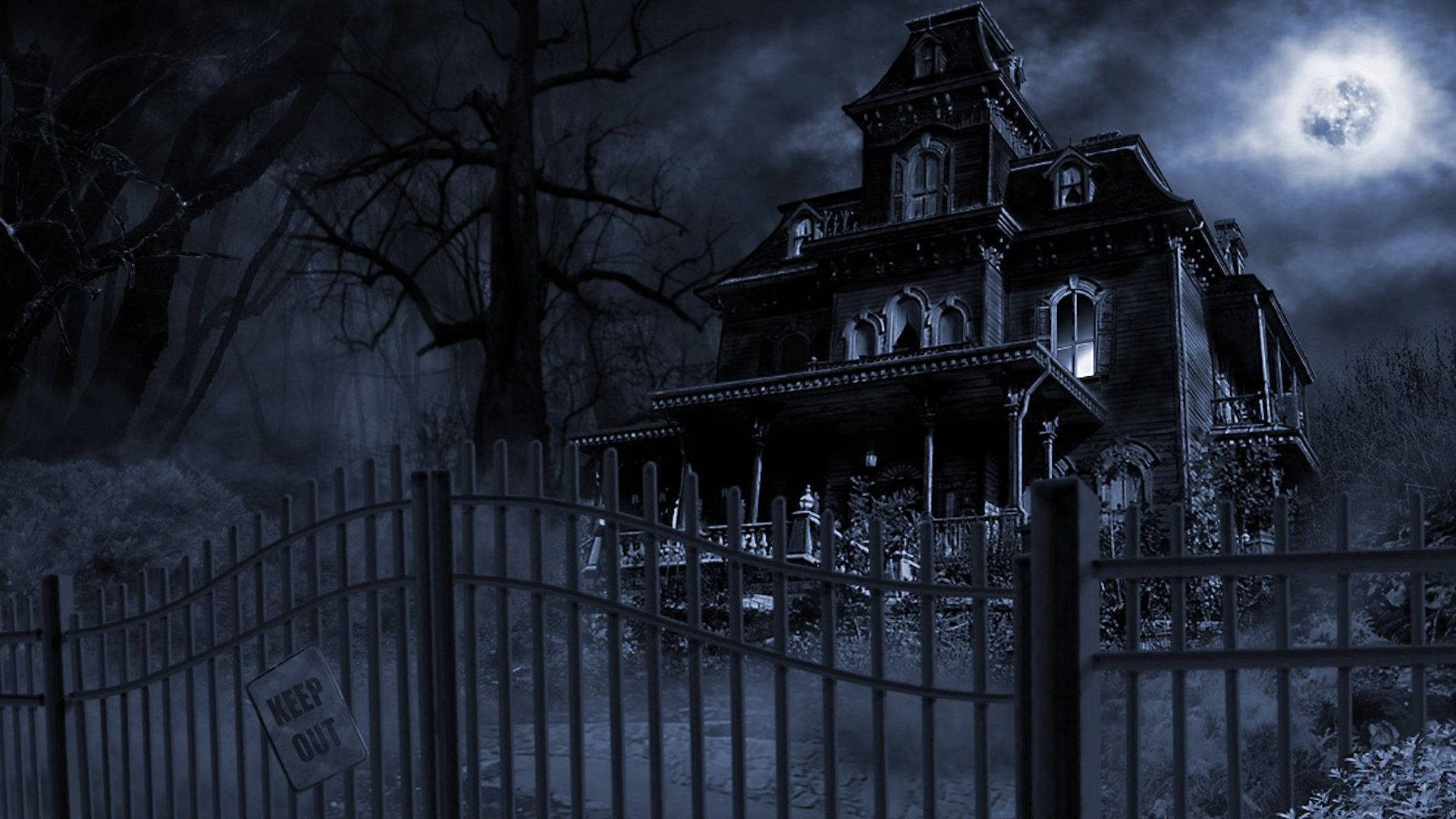 Victorian mansion, rusted fence, full moon, Full HD Desktop Wallpaper