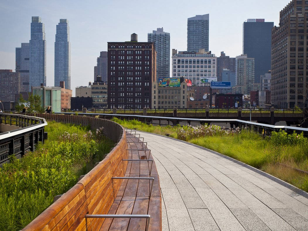 The High Line, wooden bench, paved path, SD Desktop Wallpaper
