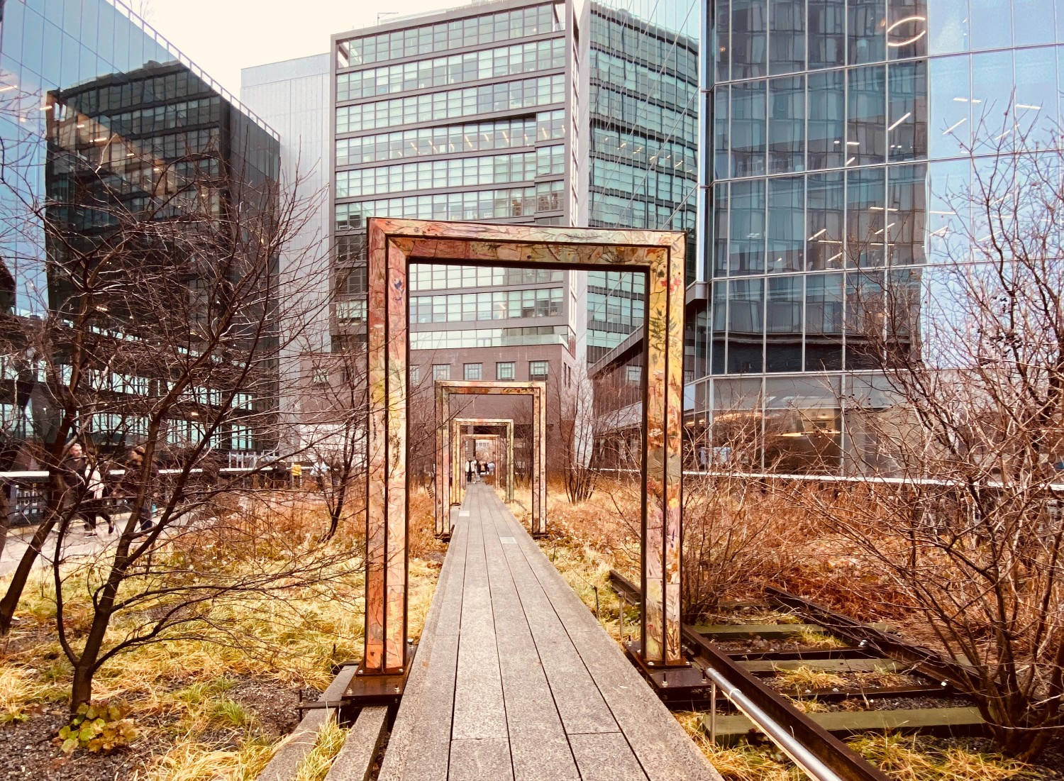 The High Line, wooden walkway, rusted metal frames, HD Desktop Wallpaper