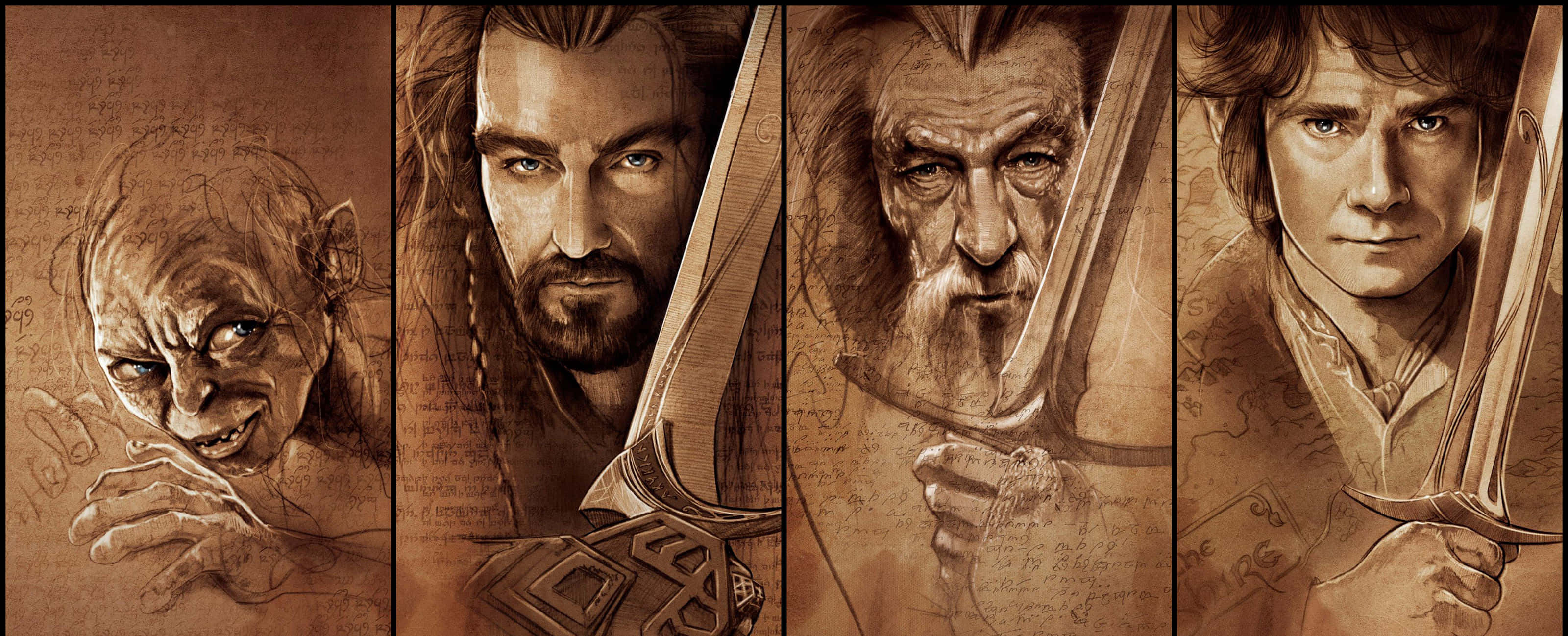The Hobbit, character montage, sepia-toned sketches, 2K Desktop Wallpaper