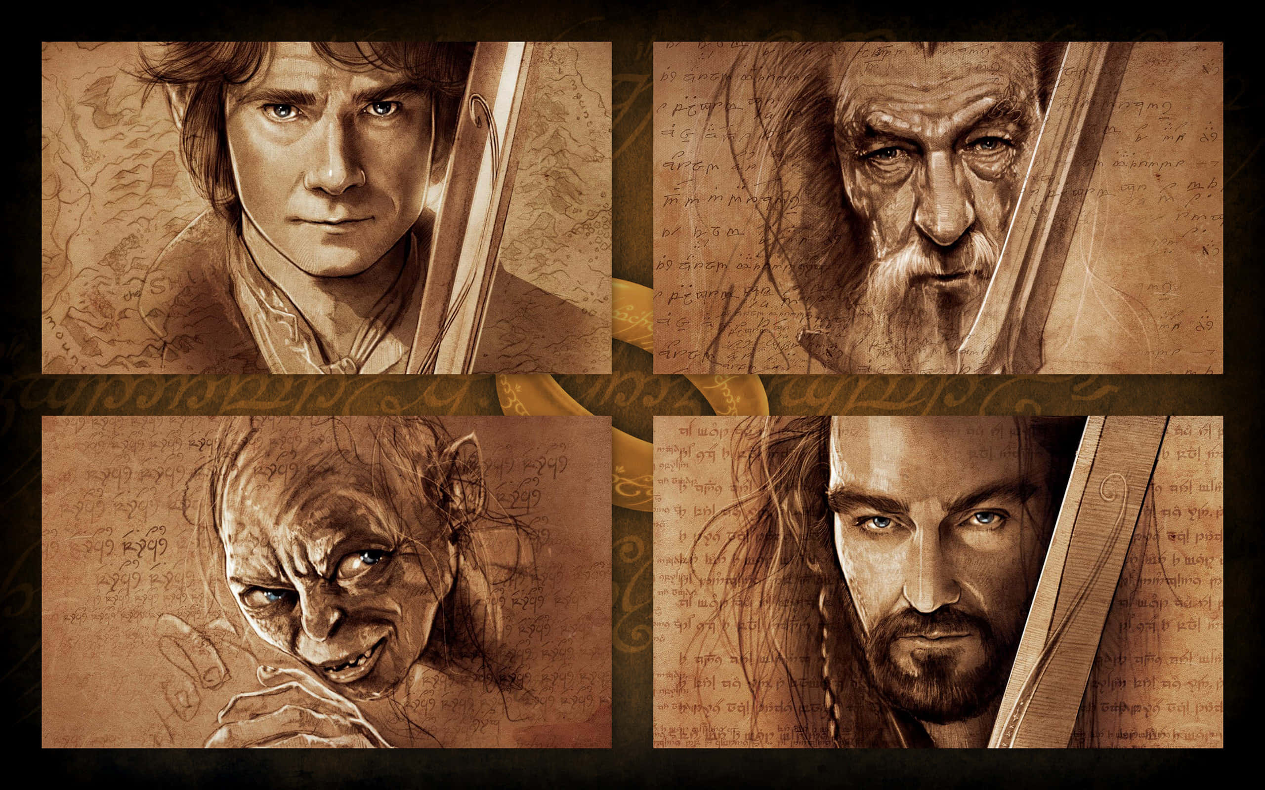 The Hobbit, character collage, illustrated fantasy characters, 2K Desktop Wallpaper