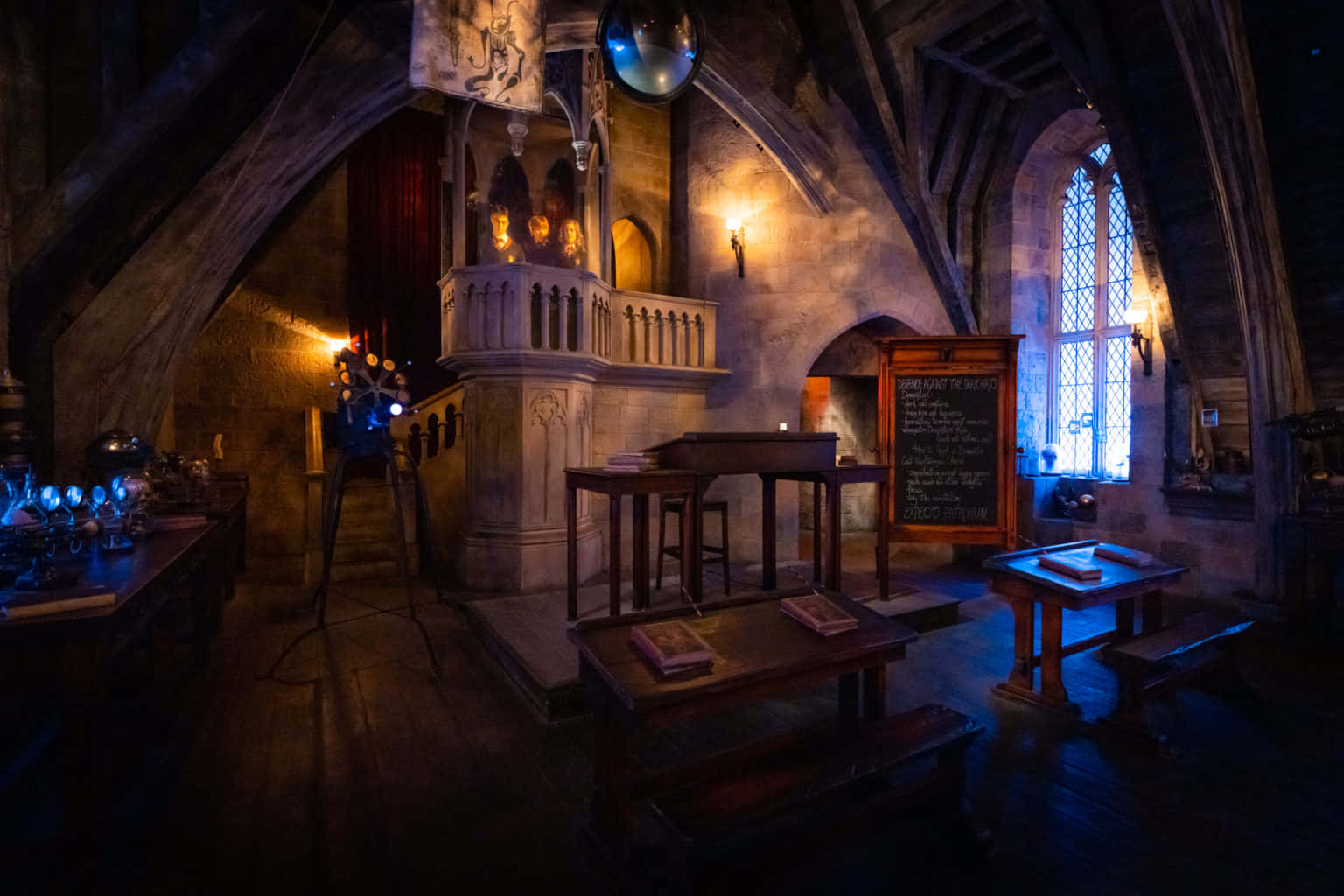 The Hogwarts Dark Arts Classroom, medieval-style alchemy lab, blue potions, HD Desktop Wallpaper