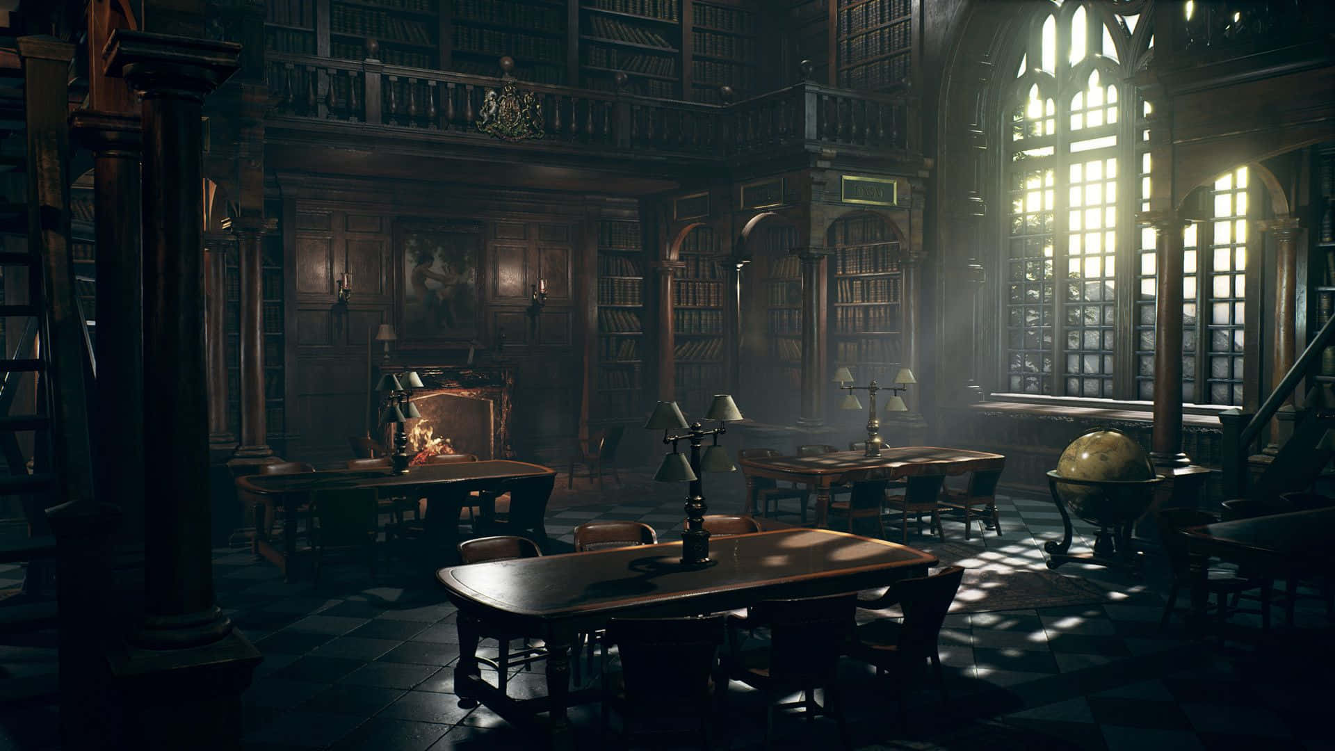 The Hogwarts Dark Arts Classroom, sunlight, tall arched windows, Full HD Desktop Wallpaper