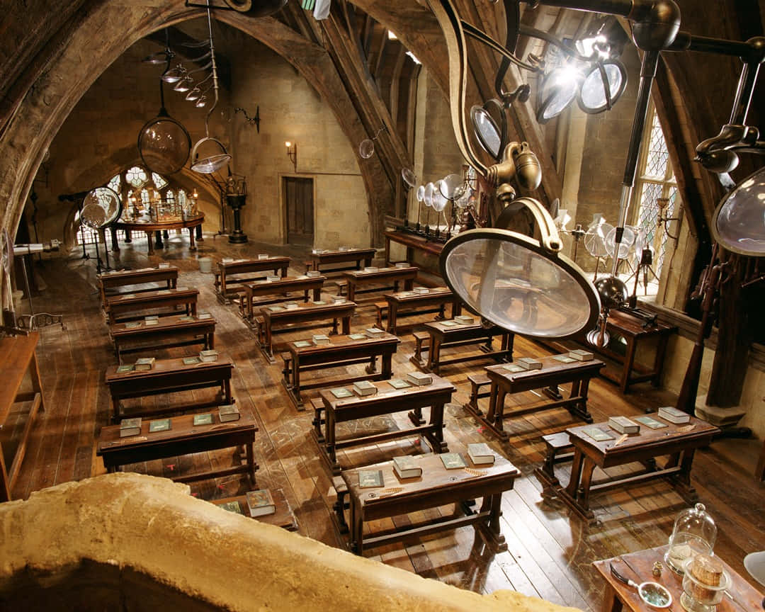 The Hogwarts Dark Arts Classroom, stone-walled classroom, wooden desks, SD Desktop Wallpaper