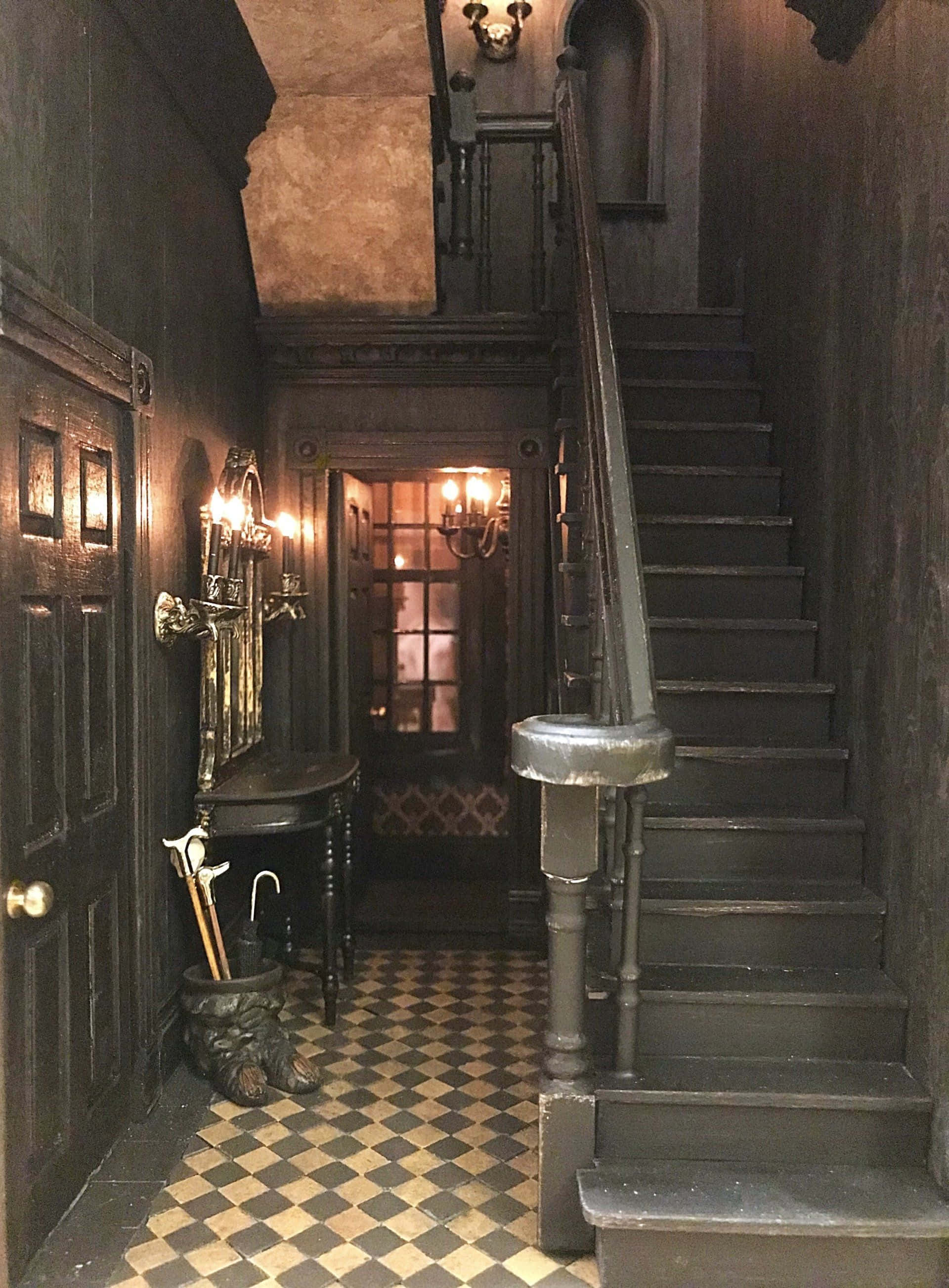 Hogwarts Dark Arts Classroom, gothic hallway, checkered floor, 2K Phone Wallpaper