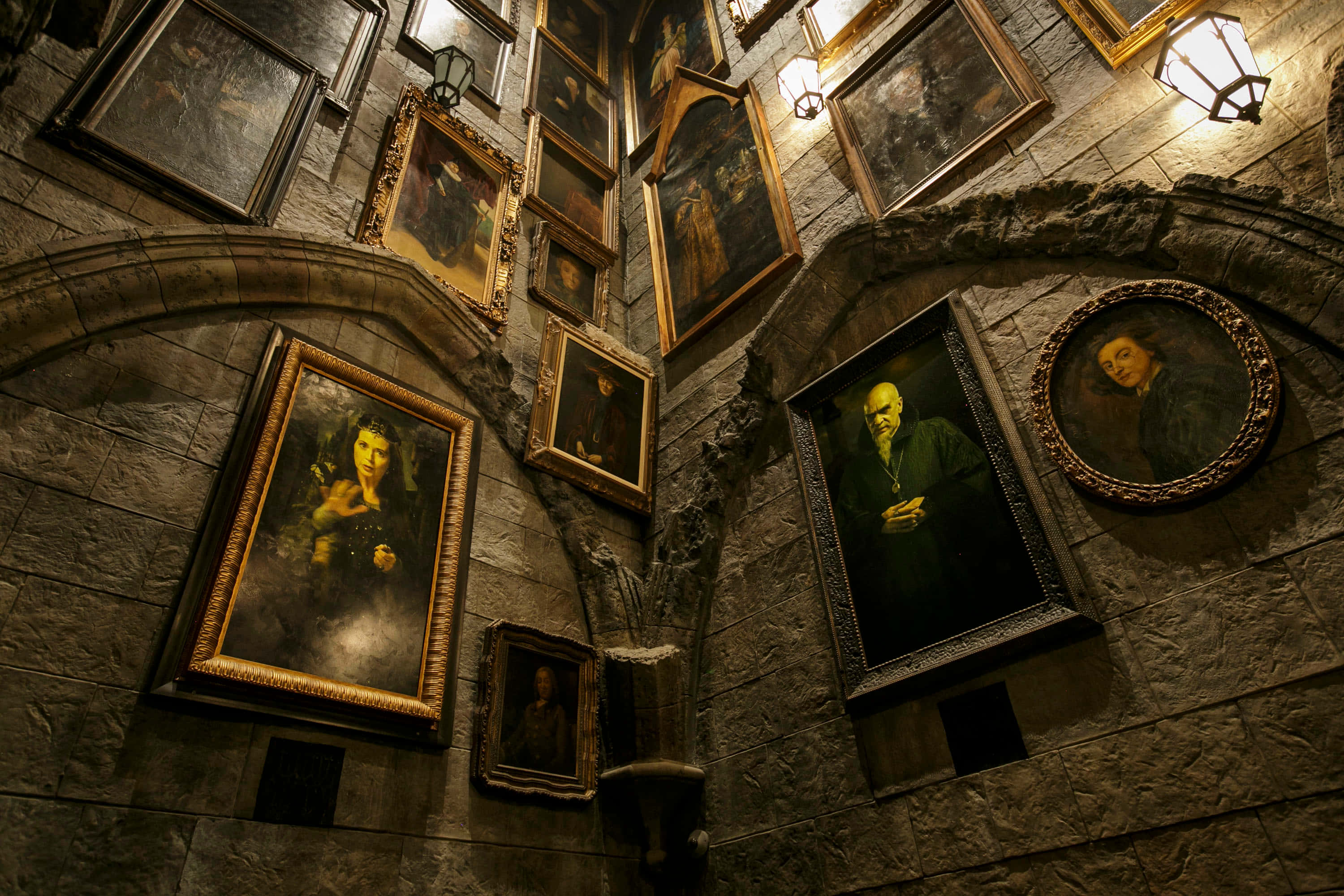 Hogwarts Dark Arts Classroom, stone corridor, ornate portraits, 2K Desktop Wallpaper