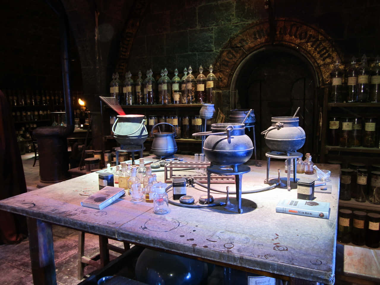 The Hogwarts Dark Arts Classroom, medieval-style potion lab, bubbling cauldrons, HD Desktop Wallpaper