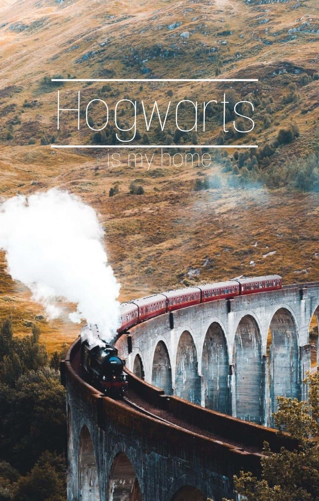The Hogwarts Express Train, red carriages, stone viaduct, HD Phone Wallpaper