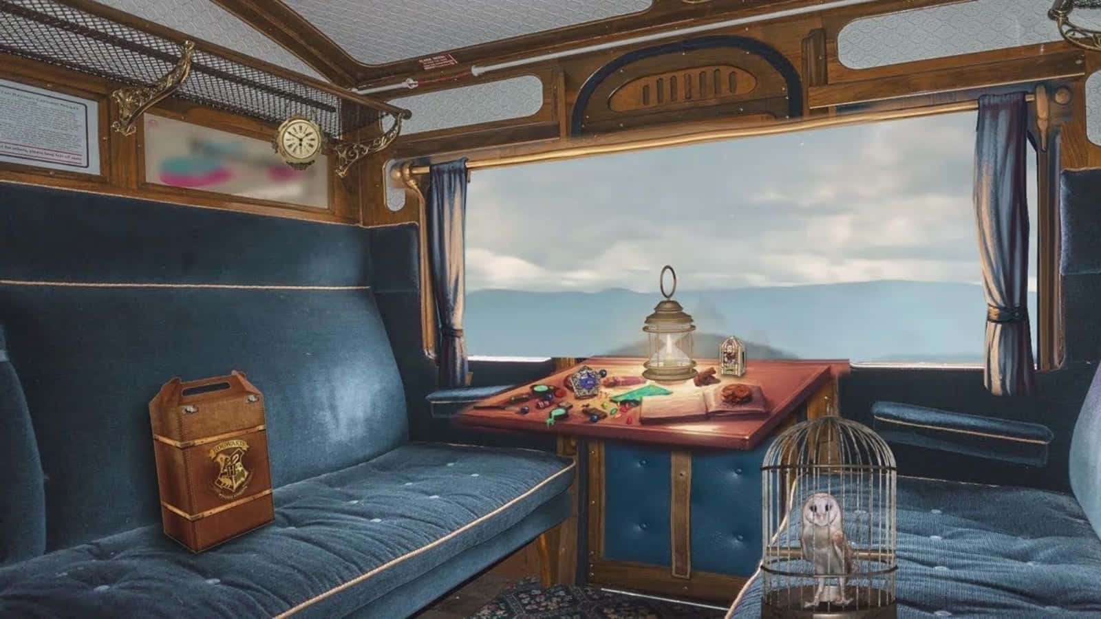 Hogwarts Express Train, blue velvet seats, wooden table, HD Desktop Wallpaper