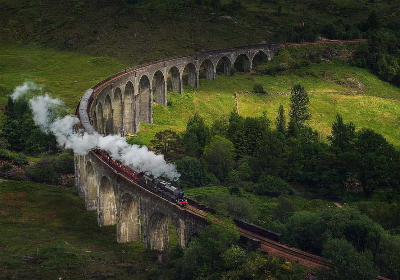Hogwarts Express Train, stone viaduct, lush green hills, HD Desktop Wallpaper