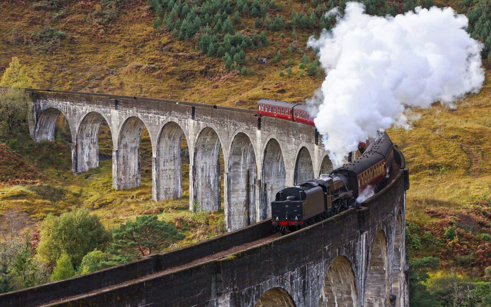 Hogwarts Express, stone viaduct, steam train, HD Desktop Wallpaper