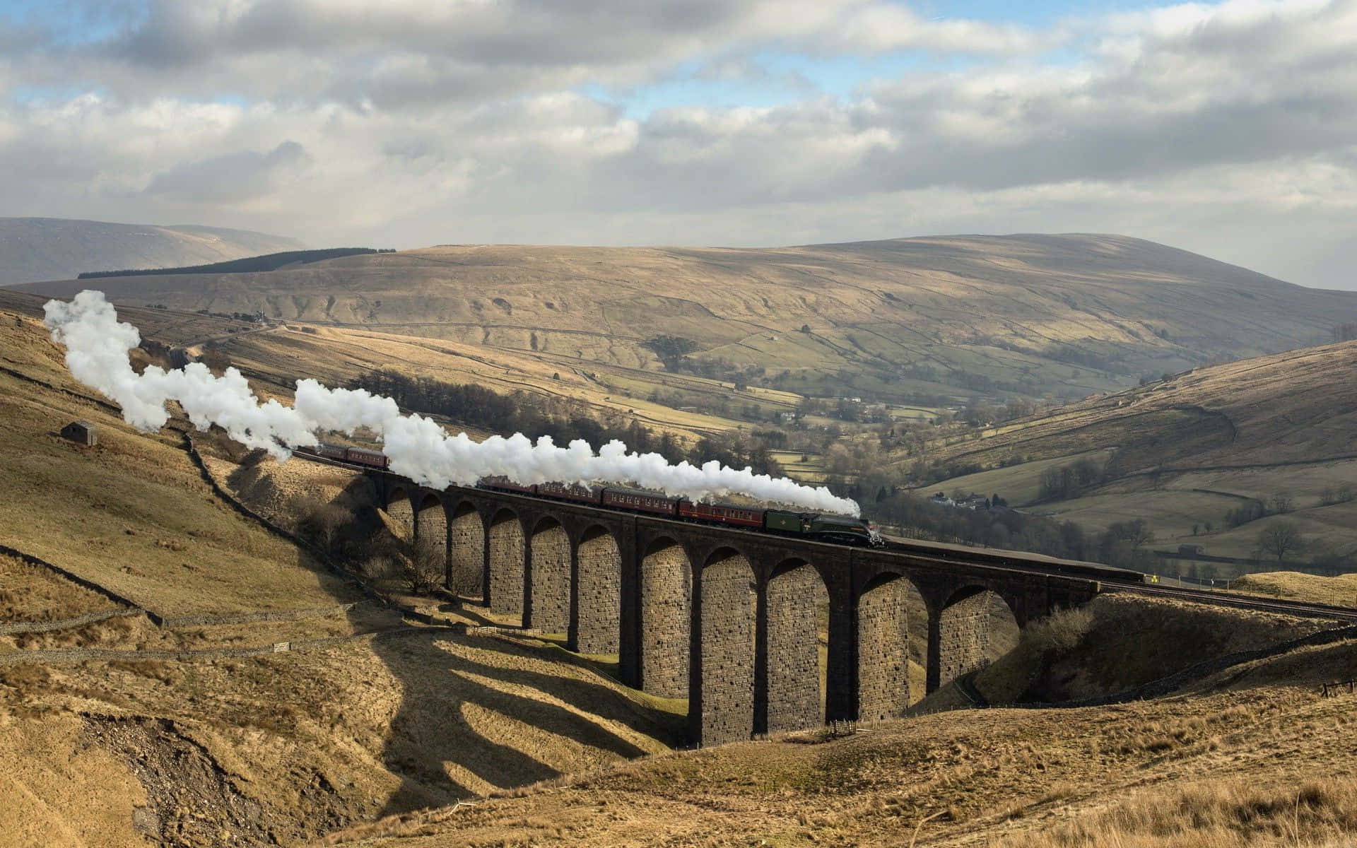 Hogwarts Express, stone viaduct, rolling golden hills, Full HD Desktop Wallpaper