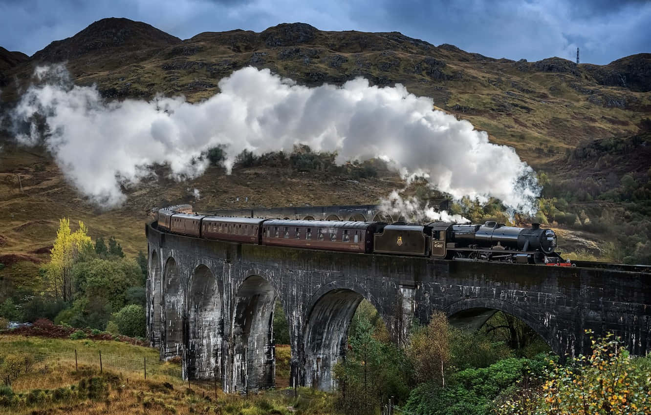 Hogwarts Express, stone viaduct, autumn hills, HD Desktop Wallpaper