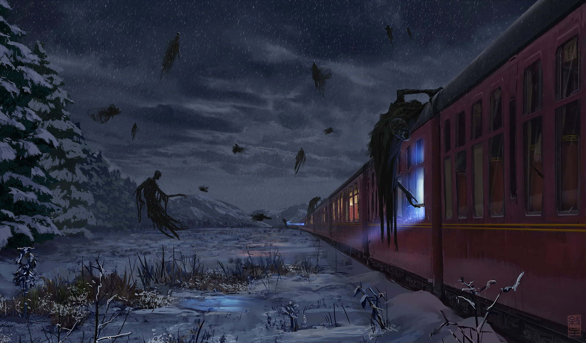 Hogwarts Express, red train, snowy night landscape, Full HD Desktop Wallpaper