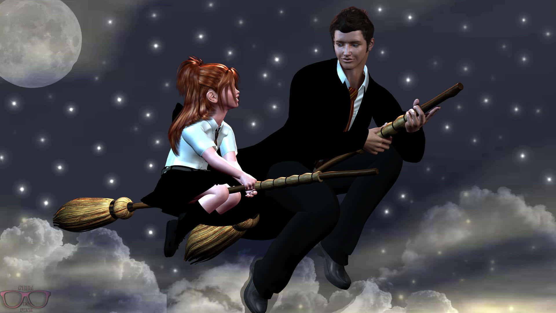 midnight flight lesson, broomstick, starry night sky, Full HD Desktop Wallpaper