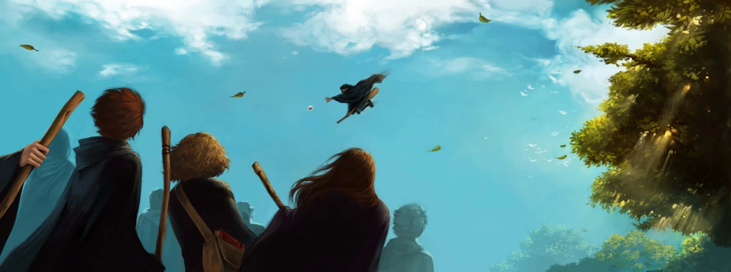 Hogwarts Flying Lessons, broomstick, dark robes, Full HD Desktop Wallpaper
