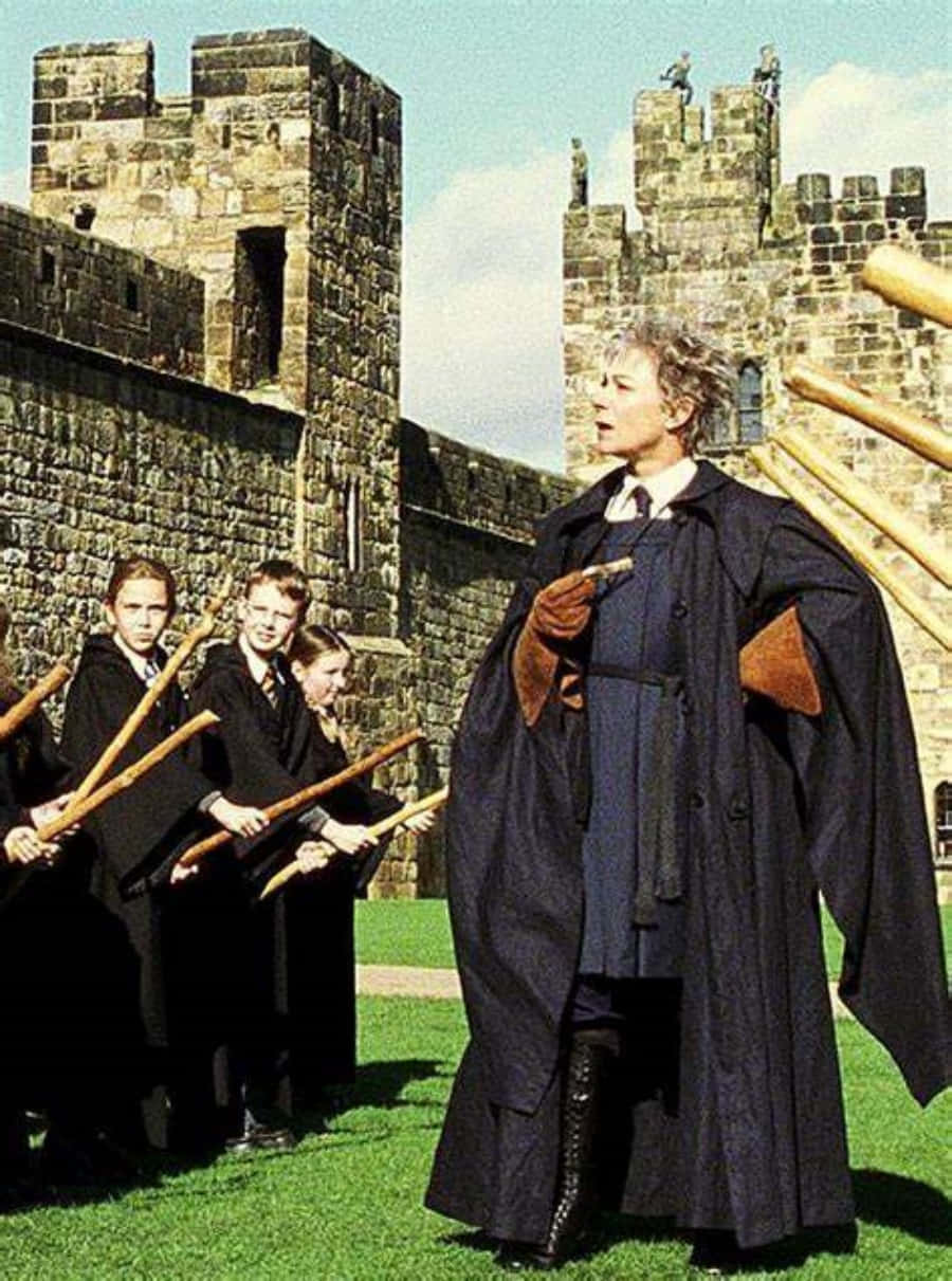 The Hogwarts Flying Lessons, broom riding, stone castle, SD Phone Wallpaper