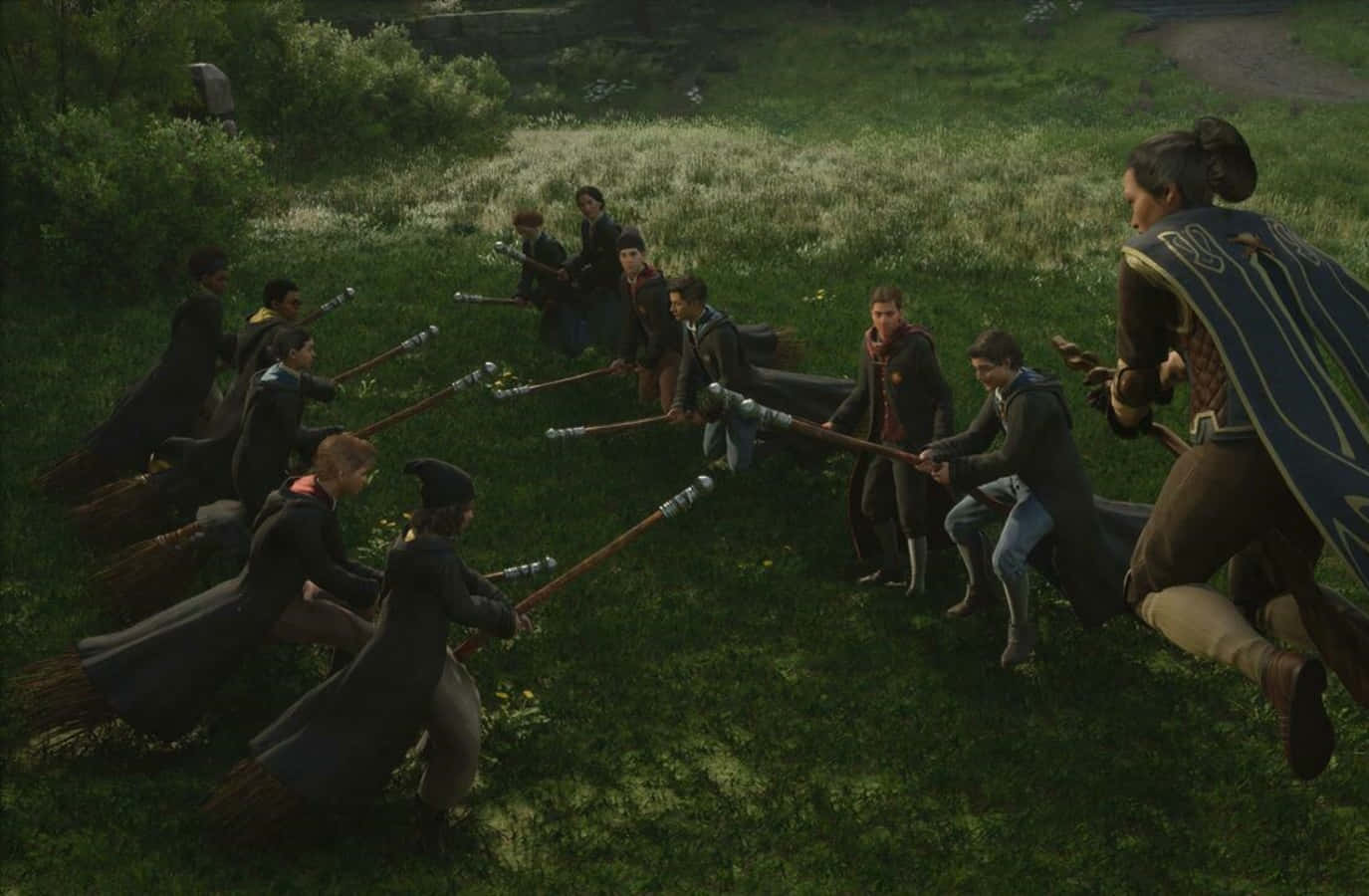 The Hogwarts Flying Lessons, broomsticks, grassy field, HD Desktop Wallpaper