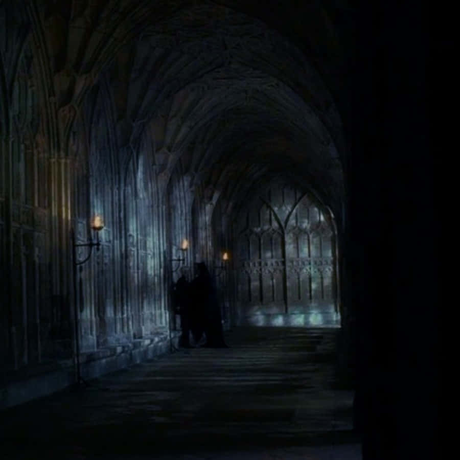 The Hogwarts Forbidden Corridor, gothic cathedral corridor, flickering wall torches, SD Desktop Wallpaper