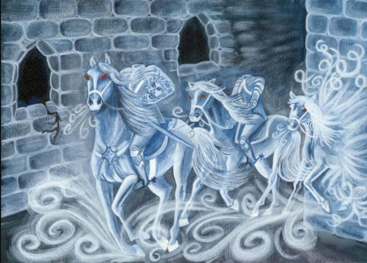 The Hogwarts Ghosts, ghostly white horses, glowing red eyes, SD Desktop Wallpaper