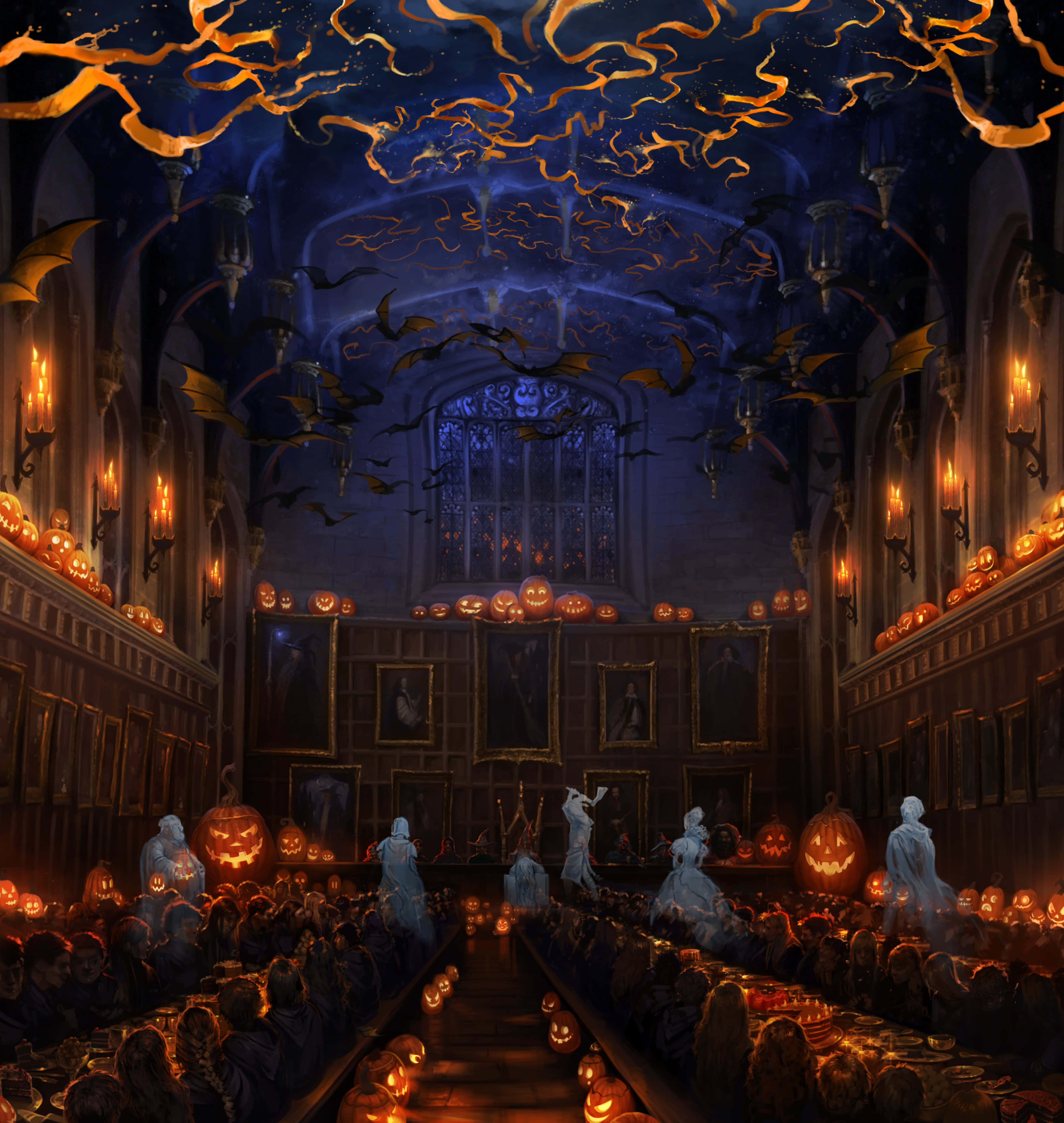 The Ghosts of Hogwarts, gothic hall, students, 4K Phone Wallpaper