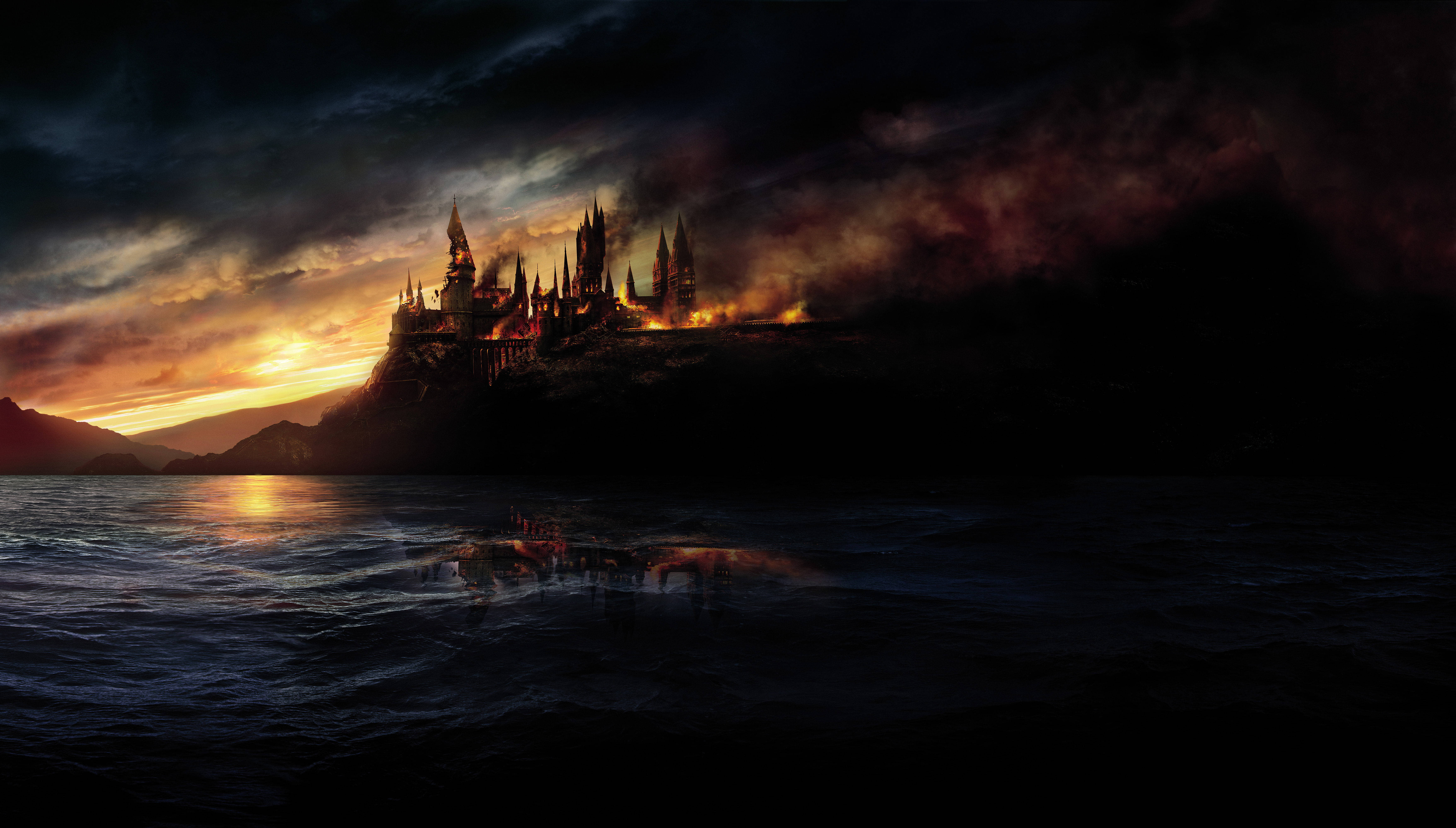 Hogwarts, sunset, cliff, 5K Desktop Wallpaper