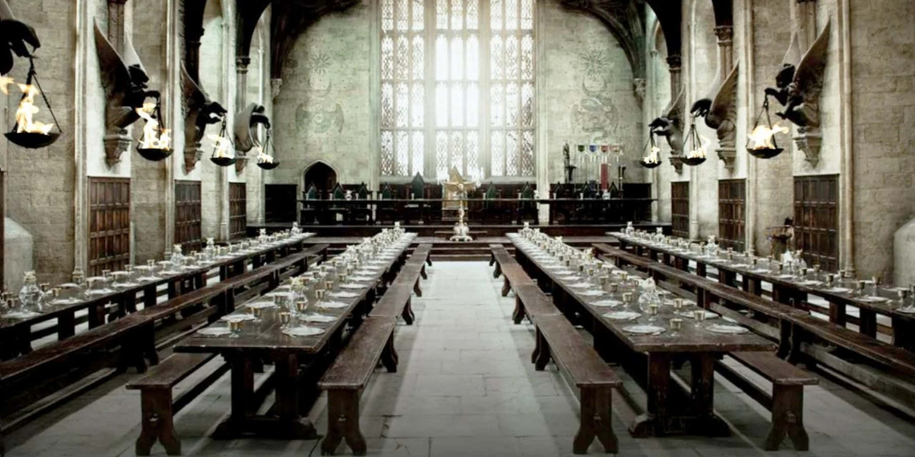 The Hogwarts Great Hall, Great Hall of Hogwarts, stained glass windows, HD Desktop Wallpaper