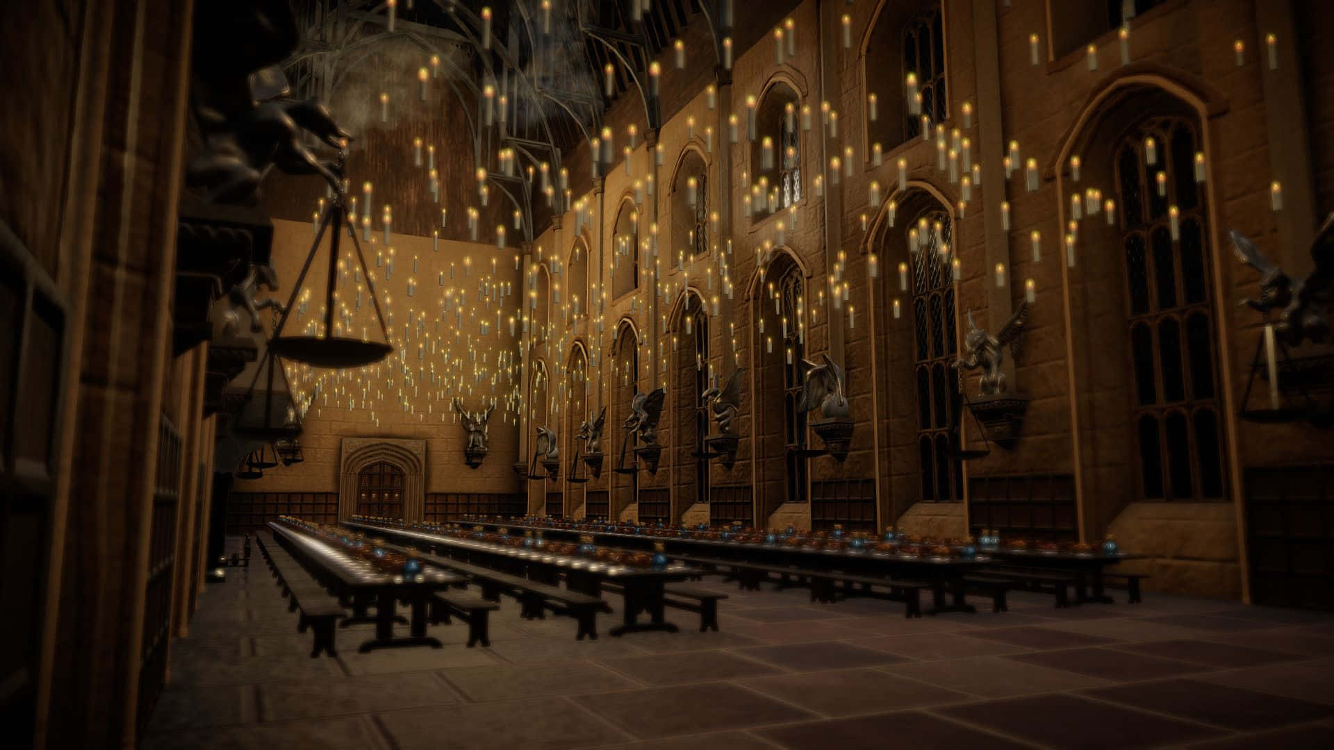 The Hogwarts Great Hall, medieval dining hall, long wooden tables, Full HD Desktop Wallpaper