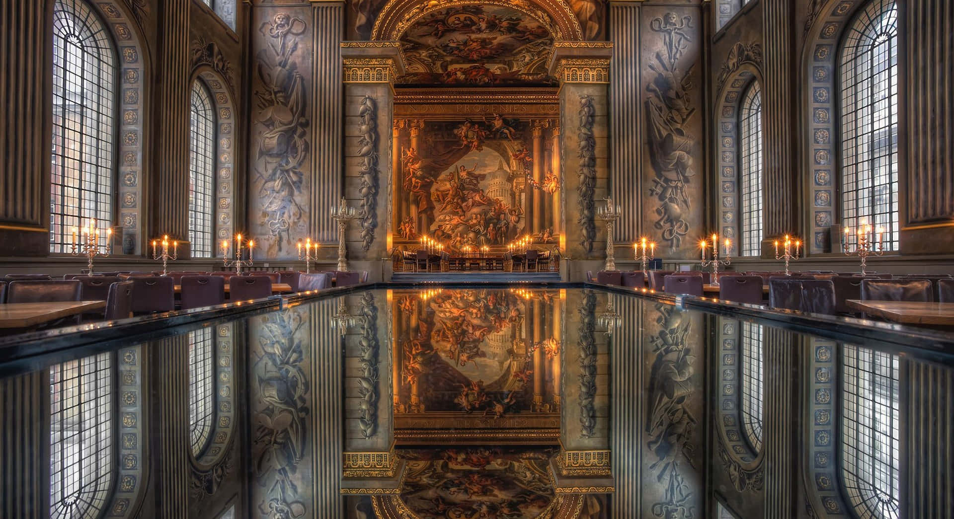 The Hogwarts Great Hall, gilded frescoes, tall arched windows, Full HD Desktop Wallpaper