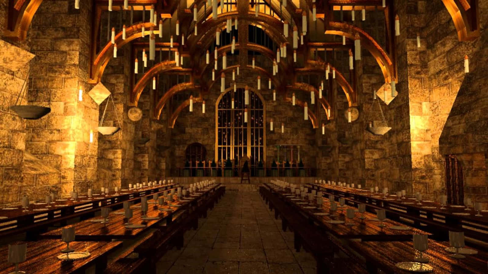 The Hogwarts Great Hall, arched ceilings, hanging candles, HD Desktop Wallpaper