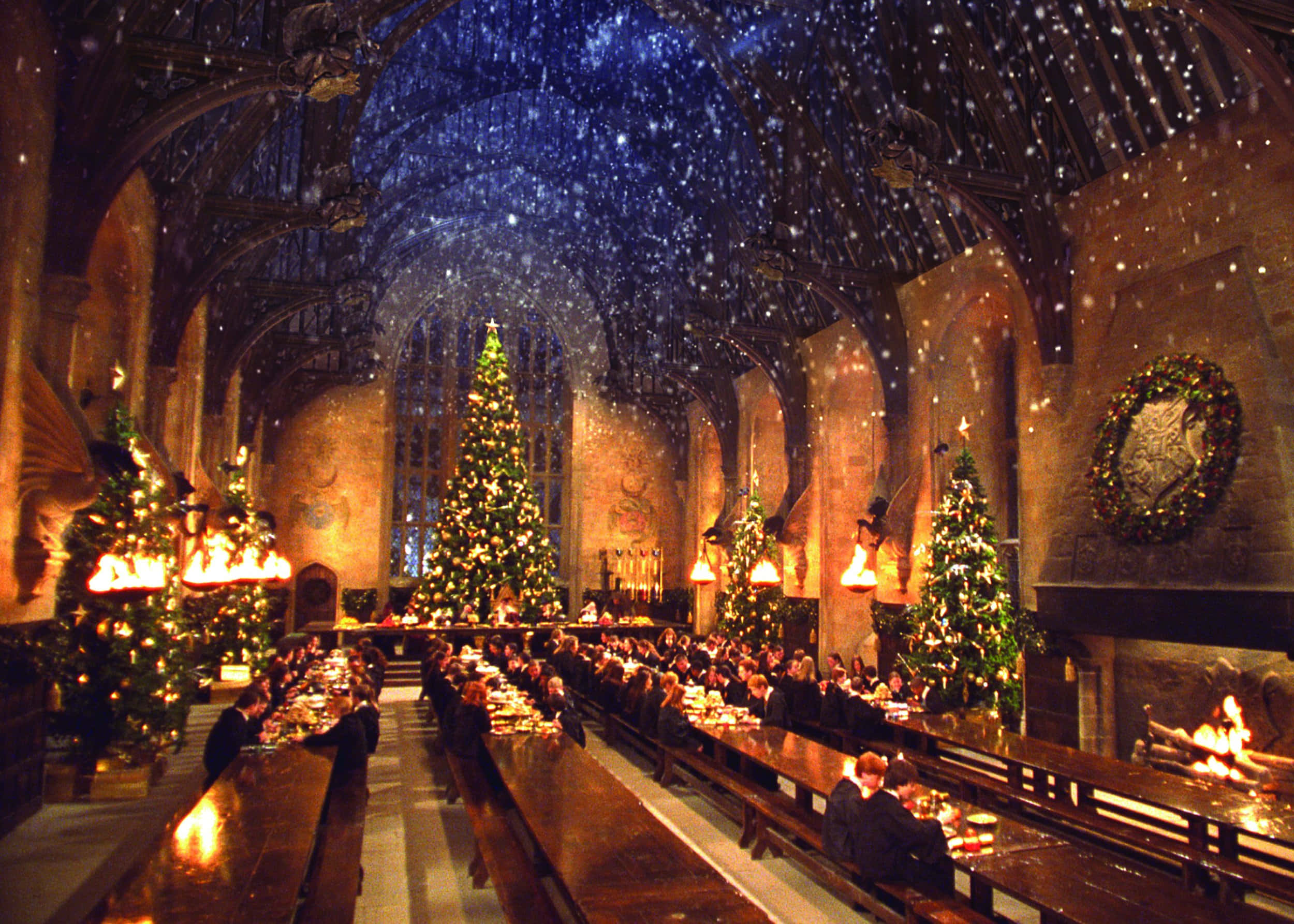 The Hogwarts Great Hall, starry enchanted ceiling, snow, Full HD Desktop Wallpaper