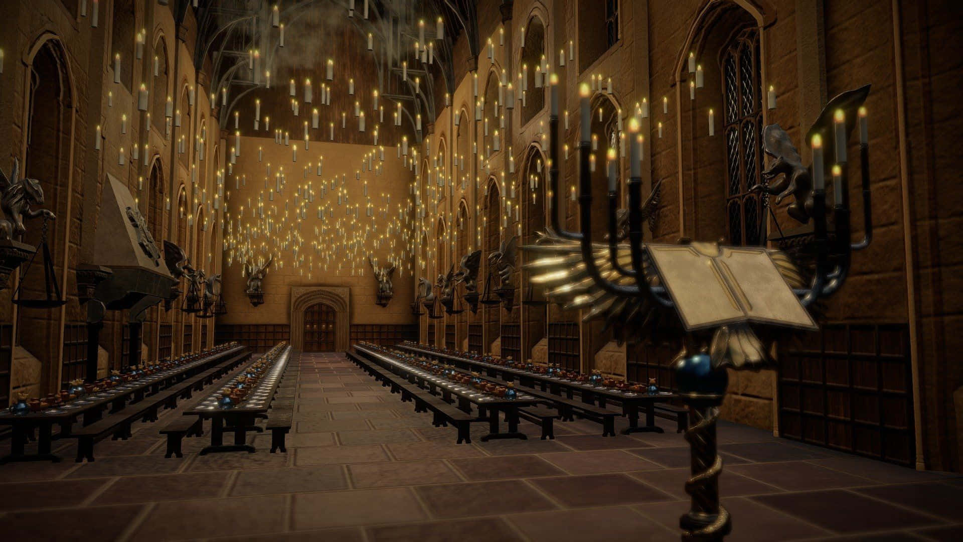 Hogwarts Great Hall, candlelit chandeliers, enchanted floating candles, Full HD Desktop Wallpaper