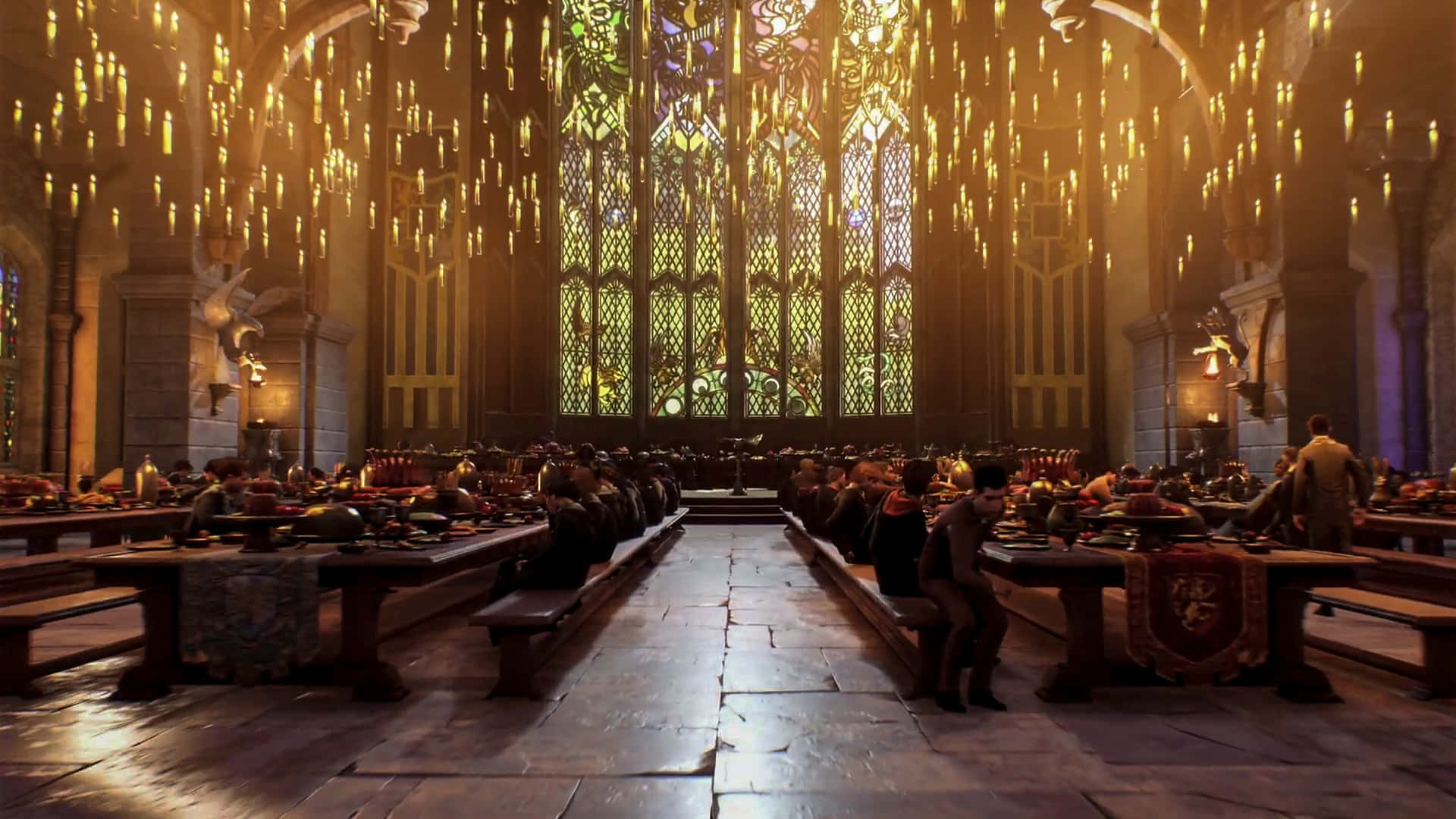 The Hogwarts Great Hall, medieval dining hall, long tables, Full HD Desktop Wallpaper