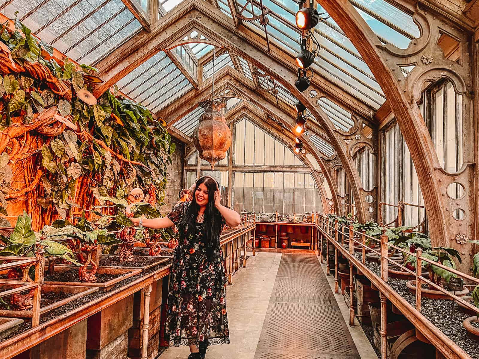The Hogwarts Greenhouses, floral dress, lush tropical plants, HD Desktop Wallpaper
