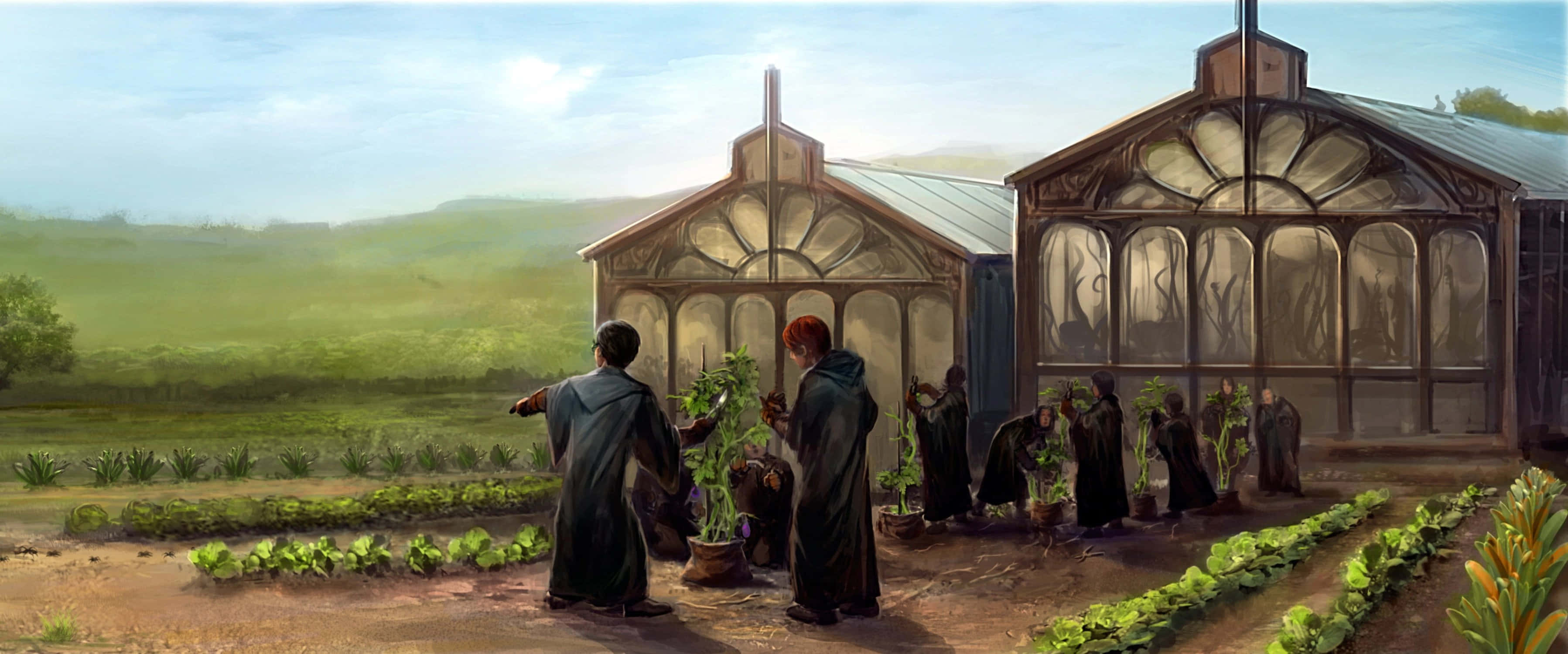 The Hogwarts Greenhouses, Hogwarts, glass greenhouses, 2K Desktop Wallpaper