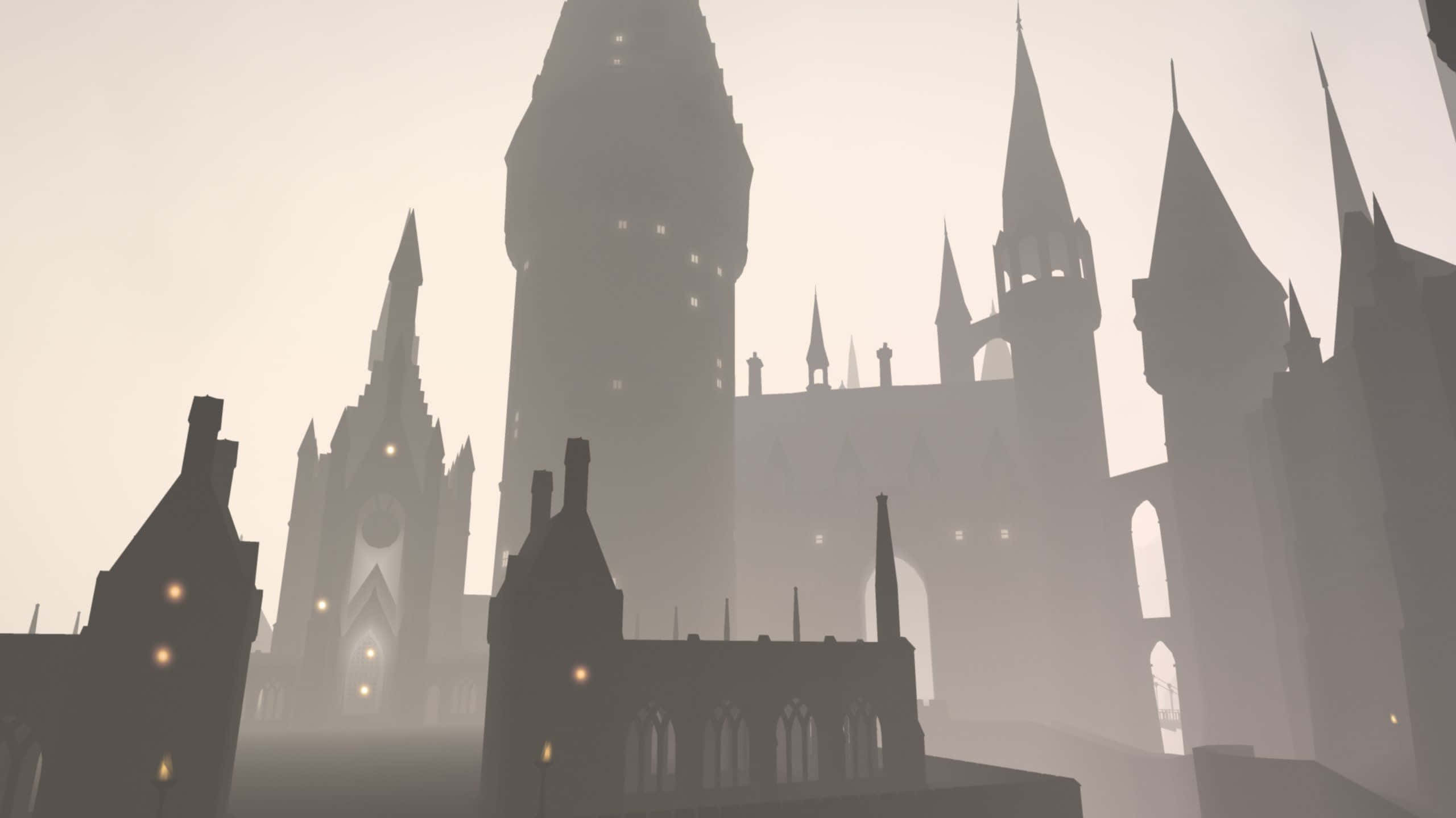 Hogwarts, mist, glowing windows, 2K Desktop Wallpaper